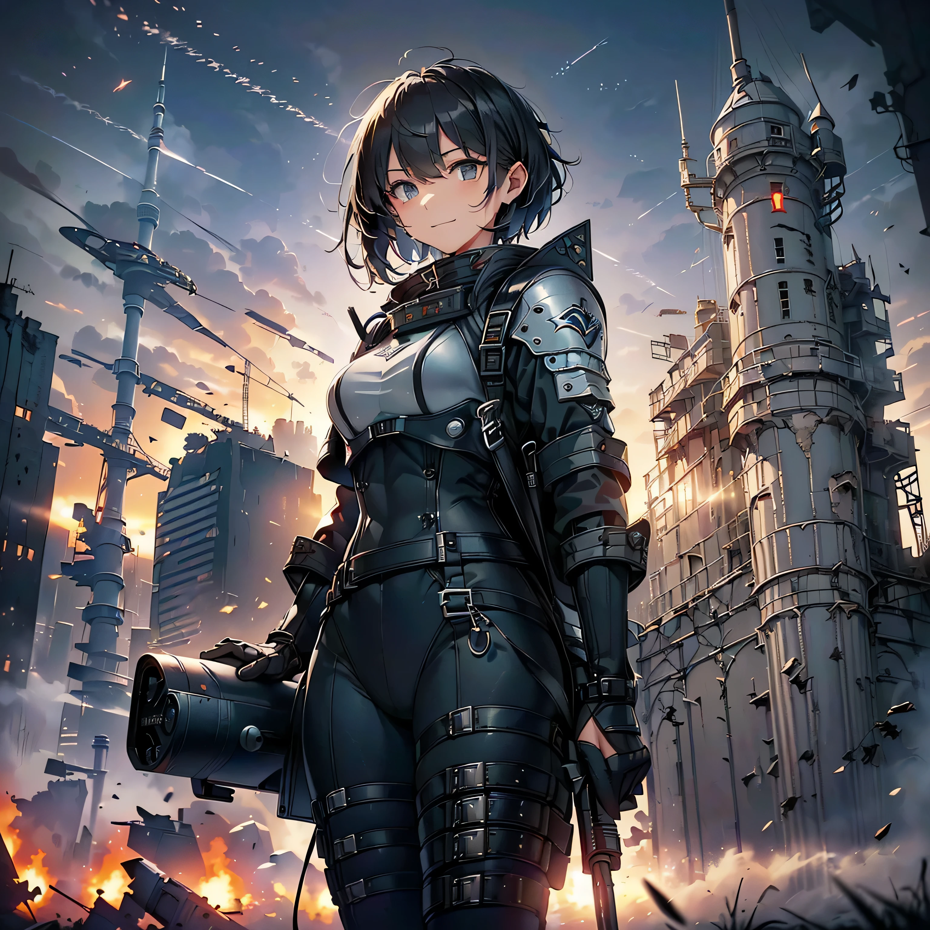 (highest quality,T Masterpiece,final solution,whole body):(Fluffy,19old female fighter,black super short hair,Shiny navy blue and black tight combat uniform,tight suit,normal posture,normal posture、Gentle smile)、(Time Machine、Computer、skyscraper gun、weapons of the future、(Backpack:1.1)、Real World、Plankton rattle field、volumetric fog、gray fog、cigarette、 explosion、apocalyptic、destroyed city background、burning building:1.3、splash of water、starry ski、huge moon、Earth、destroyed giant robot、radio tower、airplane flying overhead、shooting star rocket truck、broken car、derailed train、tank、giant weapon、electronic equipment、Luminous mechanism)
