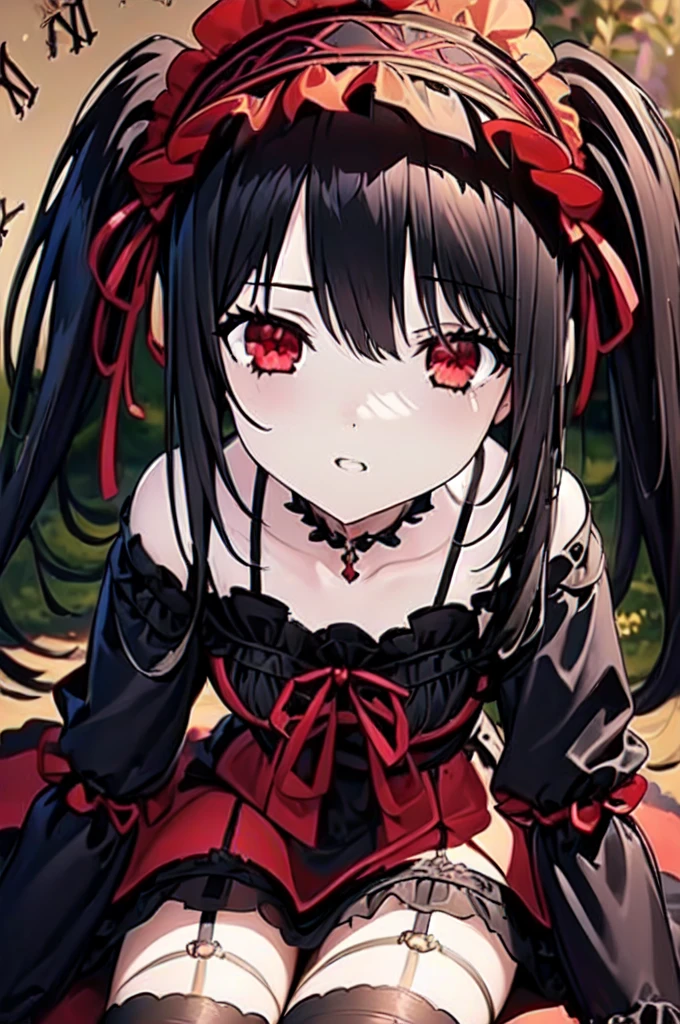 ((masterpiece, best quality, ultra detailed)), depth of field, (beautiful detailed eyes, pretty face, detailed face), 1girl( sitting on bedside, detailed eyes, different red left eye and golden right eye, long hair, twin-tails, black hair, red and black Lolita dress, long black boots, black stockings, black garter belt), clock mechanics background