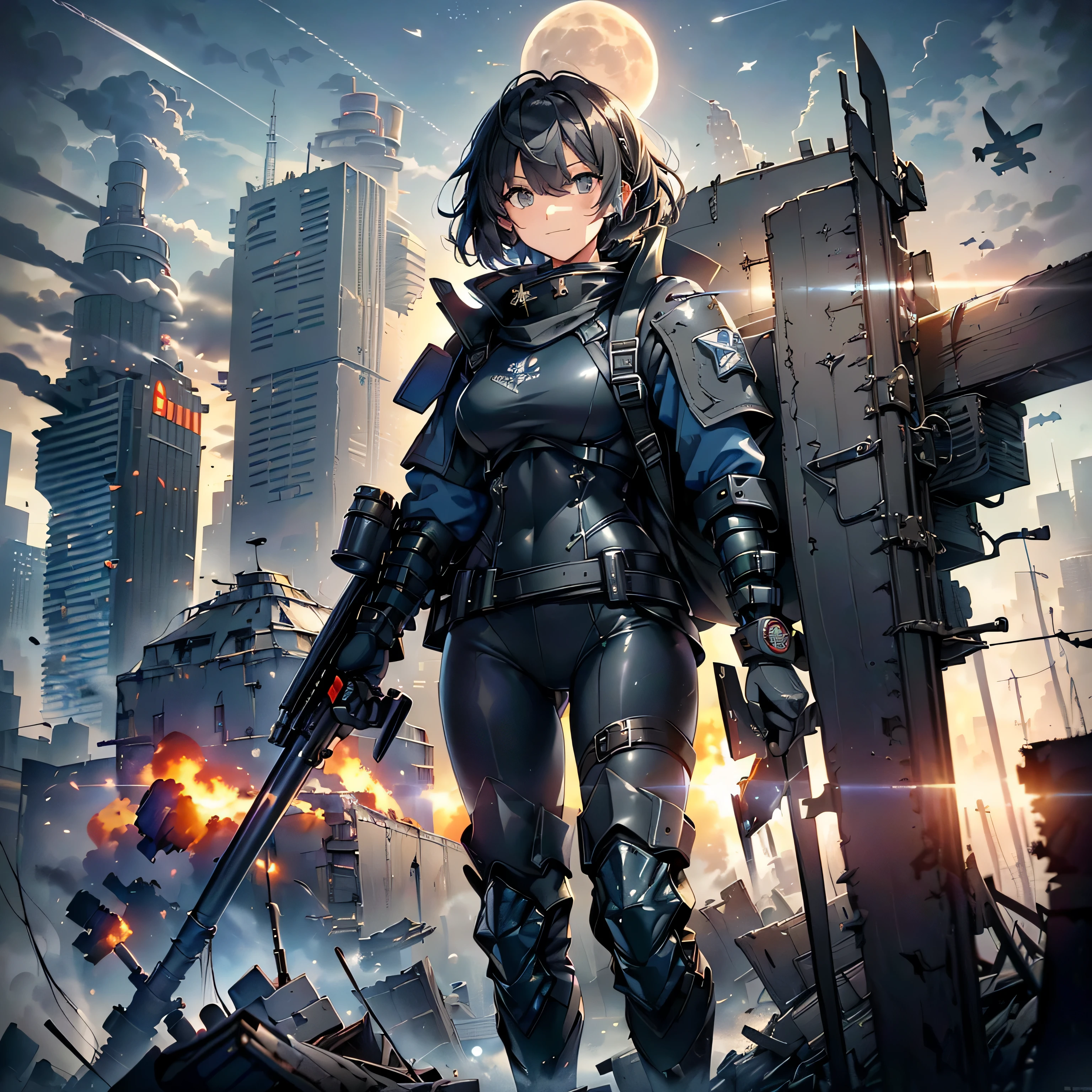 (highest quality，T Masterpiece，final solution，whole body):(Fluffy，１９old female fighter，black super short hair，Shiny navy blue and black tight combat uniform，tight suit，normal posture，normal posture、Gentle smile)、(Time Machine、Computer、skyscraper gun、weapons of the future、(Backpack:1.1)、Real World、Plankton rattle field、volumetric fog、gray fog、cigarette、 explosion、apocalyptic、destroyed city background、burning building:1.3、splash of water、starry ski、huge moon、Earth、destroyed giant robot、radio tower、airplane flying overhead、shooting star rocket truck、broken car、derailed train、tank、giant weapon、electronic equipment、Luminous mechanism)
