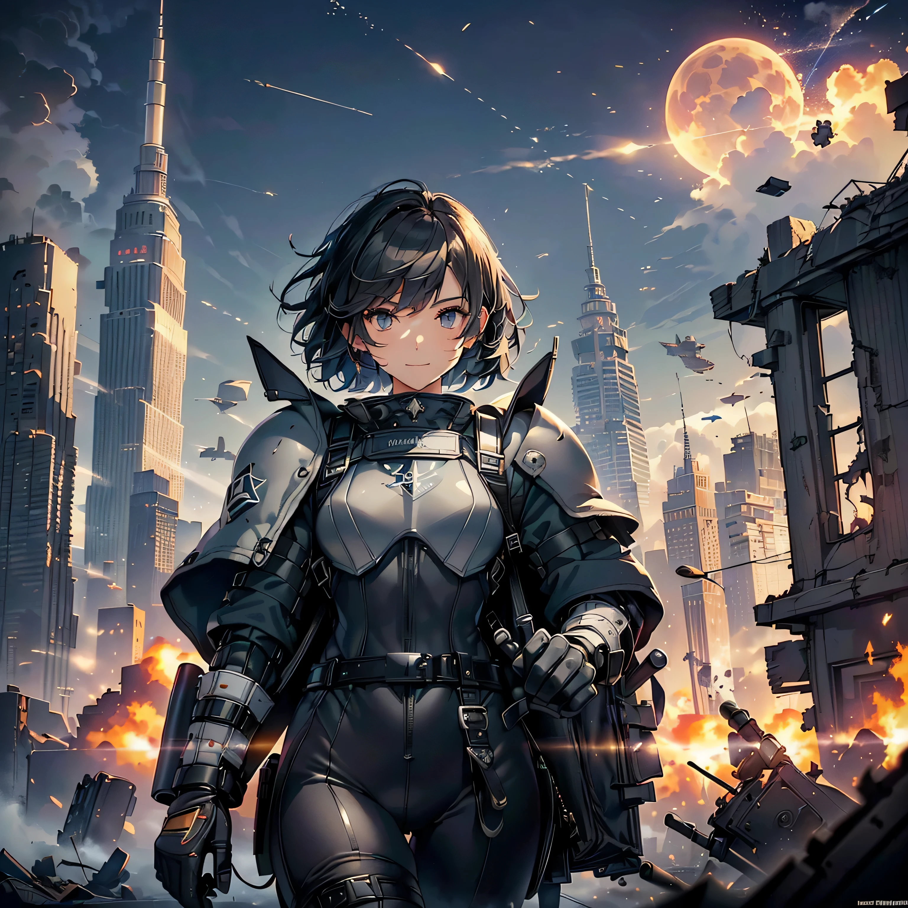 (highest quality，T Masterpiece，final solution，whole body):(Fluffy，１９old female fighter，black super short hair，Shiny navy blue and black tight combat uniform，tight suit，normal posture，normal posture、Gentle smile)、(Time Machine、Computer、skyscraper gun、weapons of the future、(Backpack:1.1)、Real World、Plankton rattle field、volumetric fog、gray fog、cigarette、 explosion、apocalyptic、destroyed city background、burning building:1.3、splash of water、starry ski、huge moon、Earth、destroyed giant robot、radio tower、airplane flying overhead、shooting star rocket truck、broken car、derailed train、tank、giant weapon、electronic equipment、Luminous mechanism)