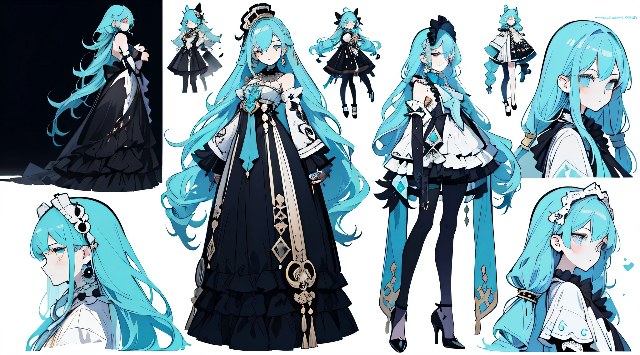 Three views of roles，Character Design，Character Design，Three Views，full body esbian，frontage，side，behind，sett，ta prostitute，so gorgeous，maximalism，extreme details，Rococo style，super long hair，intricate accessories，Complex hairstyles，gem,blue hair,
