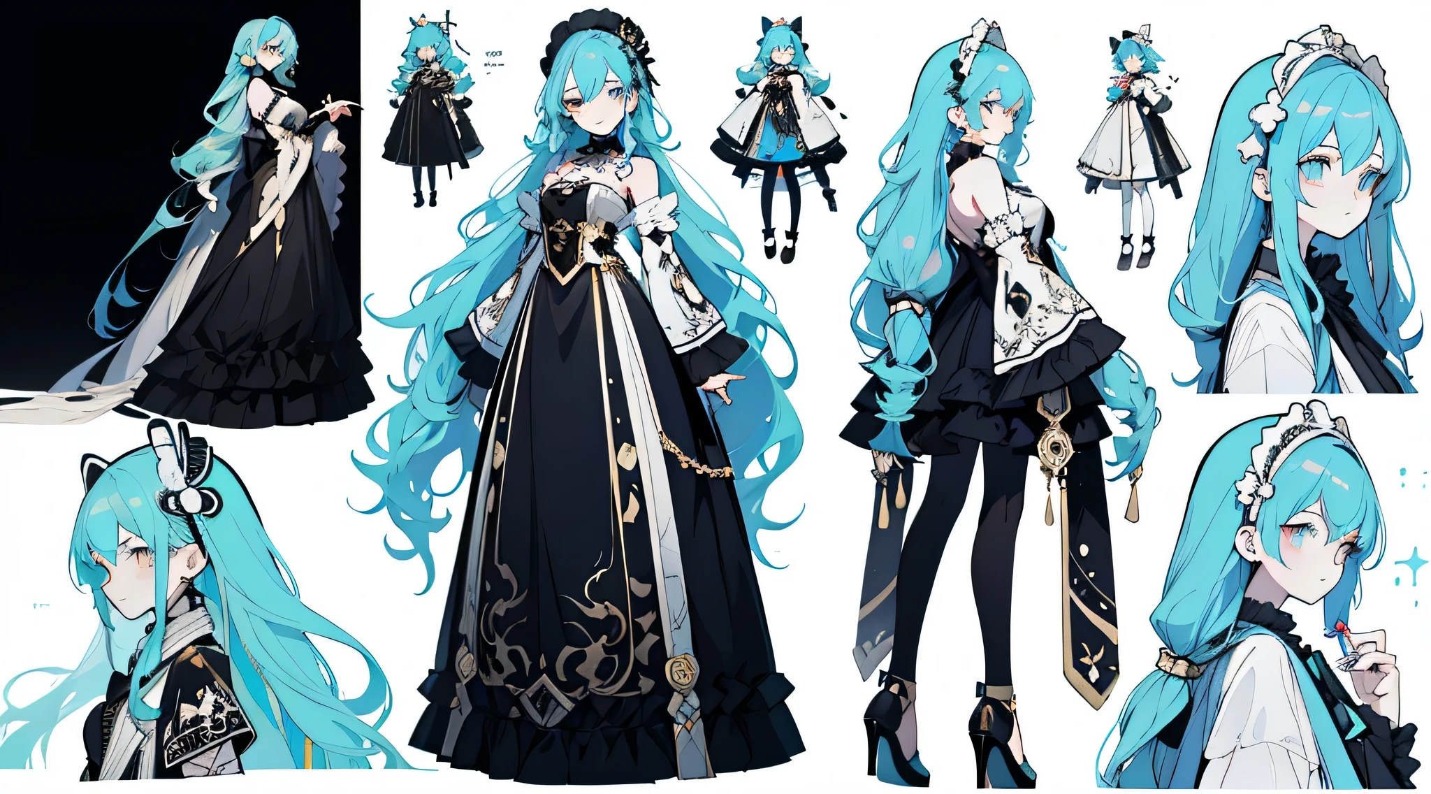 Three views of roles，Character Design，Character Design，Three Views，full body esbian，frontage，side，behind，sett，****ta prostitute，so gorgeous，maximalism，extreme details，Rococo style，super long hair，intricate accessories，Complex hairstyles，gem,blue hair,