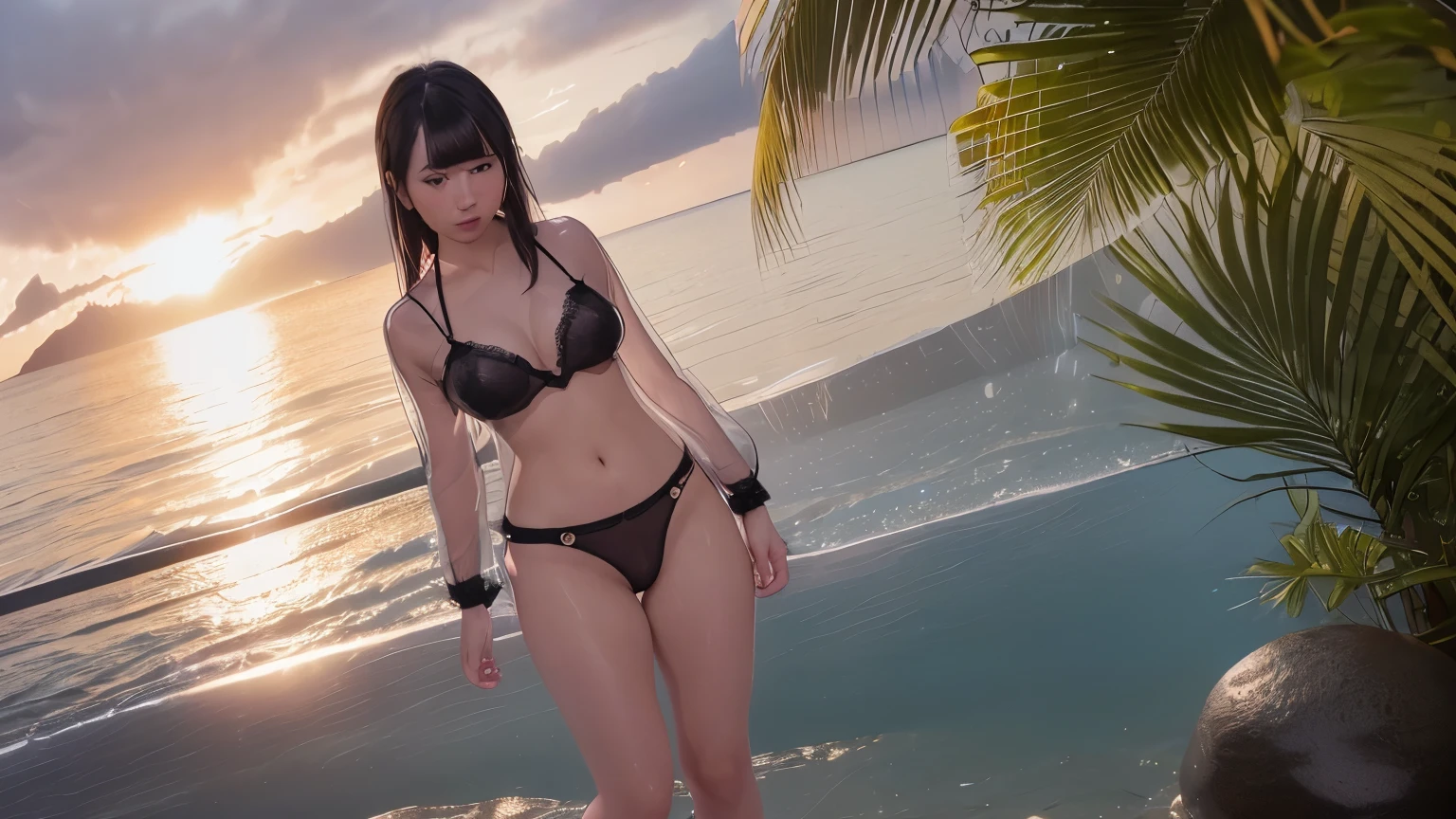 Highly detailed CG Unity 8K wallpaper, highest quality, super detailed, masterpiece, realistic, photo realistic, highly detailed cute woman, 27 years old, (((Japanese))),, panties , panties focus, blush, parted lips, looking at the viewer , (((full body shot))) , ((Hawaiian Seaside )),(((transparent blouse))),(((black bra)))),(((Wet blouse))),water droplets