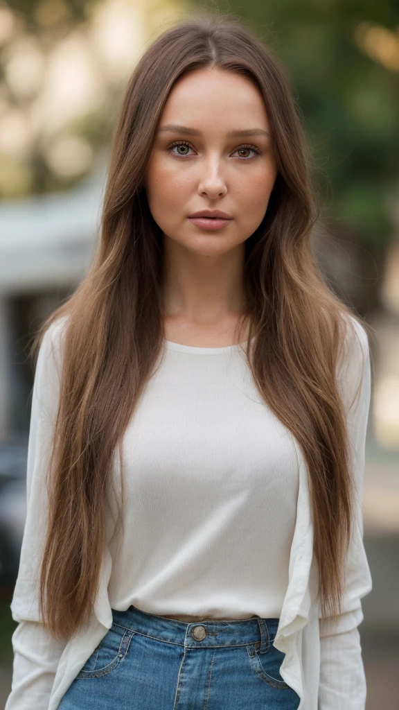 a close up of a woman with long hair and a brown shirt and white capris, sophie mudd-camilla luddington-aleksandra waliszewska merged, entire body visible, full body, hyperrealistic, best quality, 8K, real human skin, masterpiece, extremely intricate, medium closeup, detailed eyes, detailed face, detailed body, exaggerated features, pronounced features