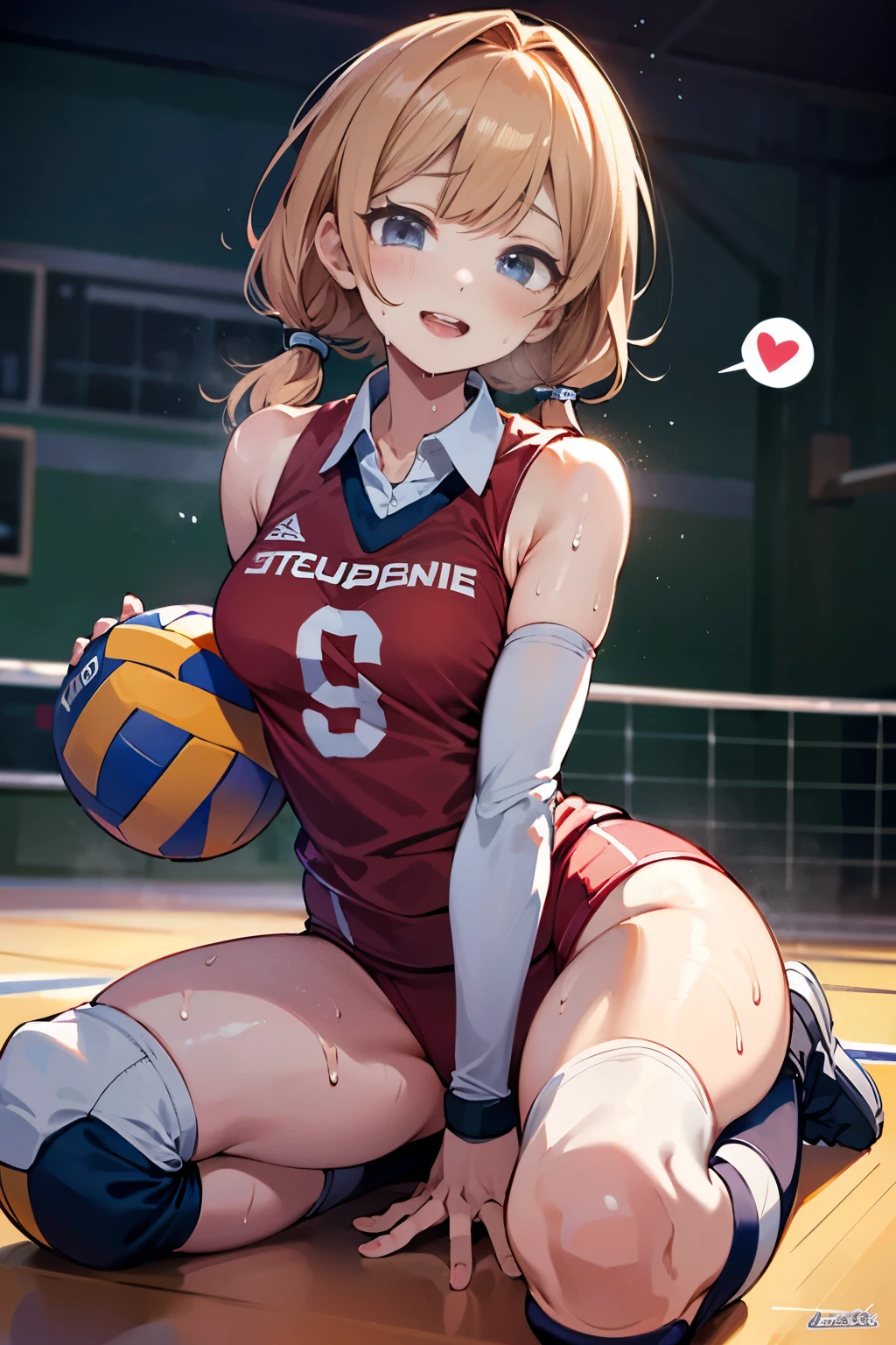 unity 8k wallpaper, anatomically correct, (((masterpiece))), (((best quality))), (((ultra detailed))), (((high-resolution))), ((super fine illustration)), ((Ultimate cutie)), perfect hands, perfect finger, (((good anatomy))), detailed beautiful face, shiny hair, (((gyaru))), (potbelly), (curvy), medium breasts, ((Thick thighs)), (((solo))), ((seductive smile)), (((blush))), (half open mouth),
BREAK, (((sit astride the perfectly spherical shape 6-inch volleyball))), (((Straddling a perfectly spherical 6" volleyball))), (((Perfectly spherical 6" volleyball fits perfectly crotch))), BREAK, (((Rub the Perfectly spherical 6" volleyball against crotch))),
BREAK, (Collared volleyball uniforms), sleeveless, ((buruma)), ((kneepad)), pussy juice stained, (elbow pad), (((sweat))), (((covered in sweat))), ((deep breathing)), in Volleyball Court, indoor, lighting, looking at viewer, full body, (spoken heart)