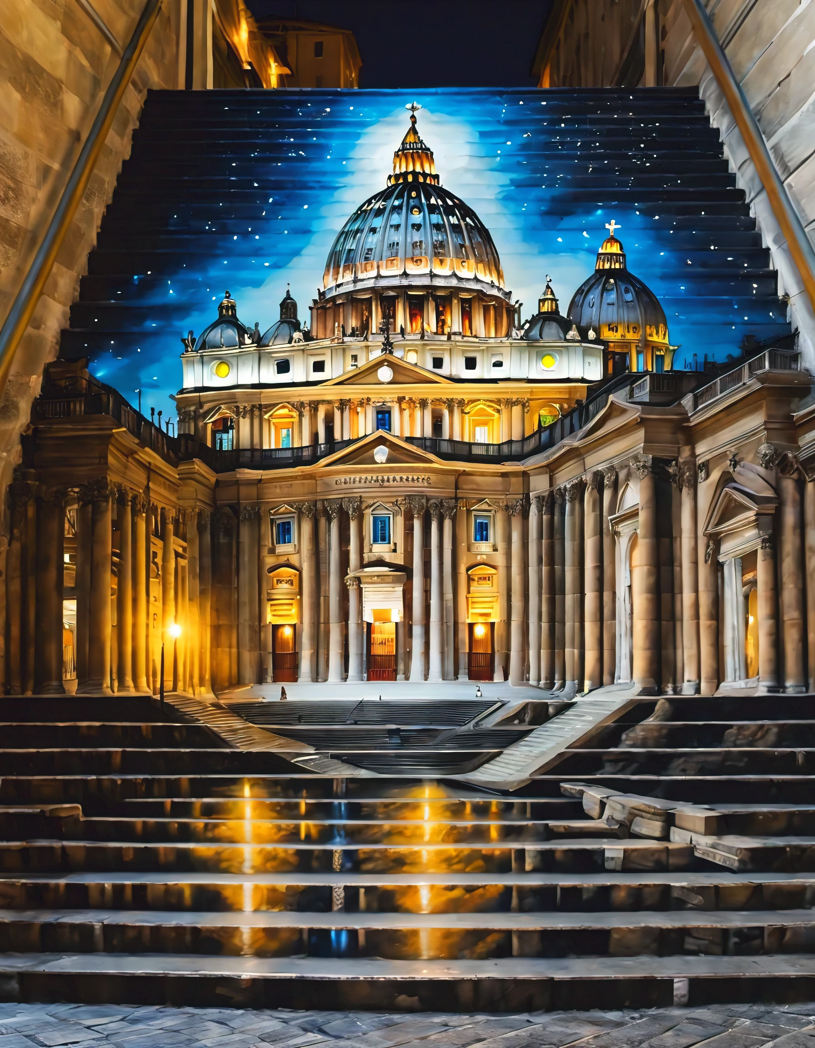 masterpiece, best quality, stair-art, Vatican, nighttime, oil painting, vibrant, flash-photography, high-saturation