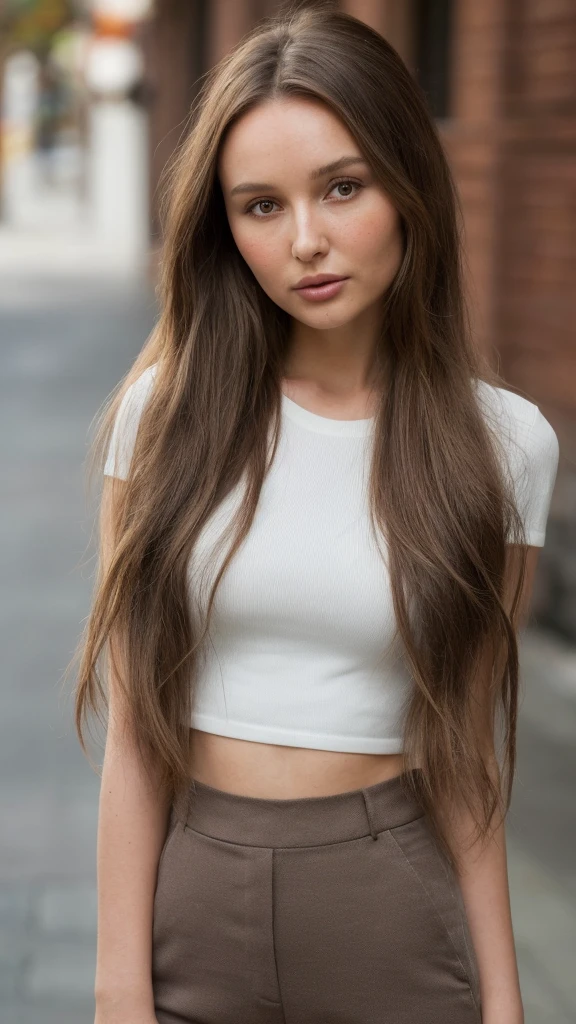 a close up of a woman with long hair and a brown shirt and white capris, sophie mudd-camilla luddington-aleksandra waliszewska merged, entire body visible, full body, hyperrealistic, best quality, 8K, real human skin, masterpiece, extremely intricate, medium closeup, detailed eyes, detailed face, detailed body, exaggerated features, pronounced features