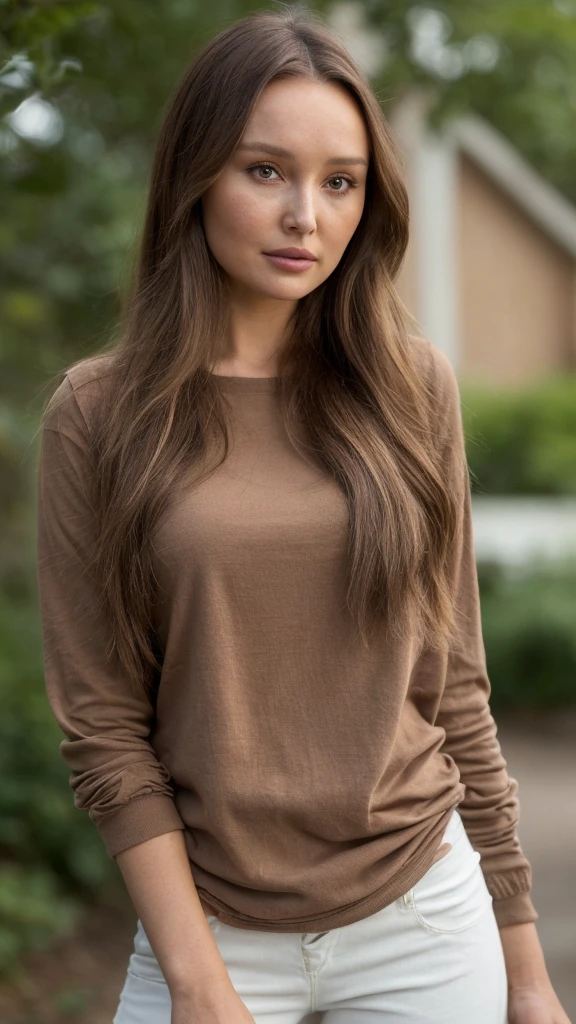 a close up of a woman with long hair and a brown shirt and white capris, sophie mudd-camilla luddington-aleksandra waliszewska merged, entire body visible, full body, hyperrealistic, best quality, 8K, real human skin, masterpiece, extremely intricate, medium closeup, detailed eyes, detailed face, detailed body, exaggerated features, pronounced features