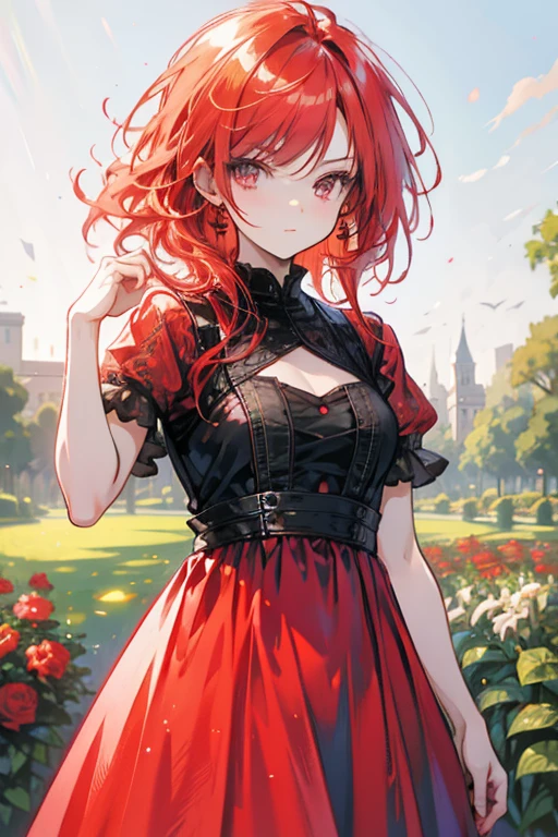 a red haired woman with red eyes is posing in a garden in a nice dress
