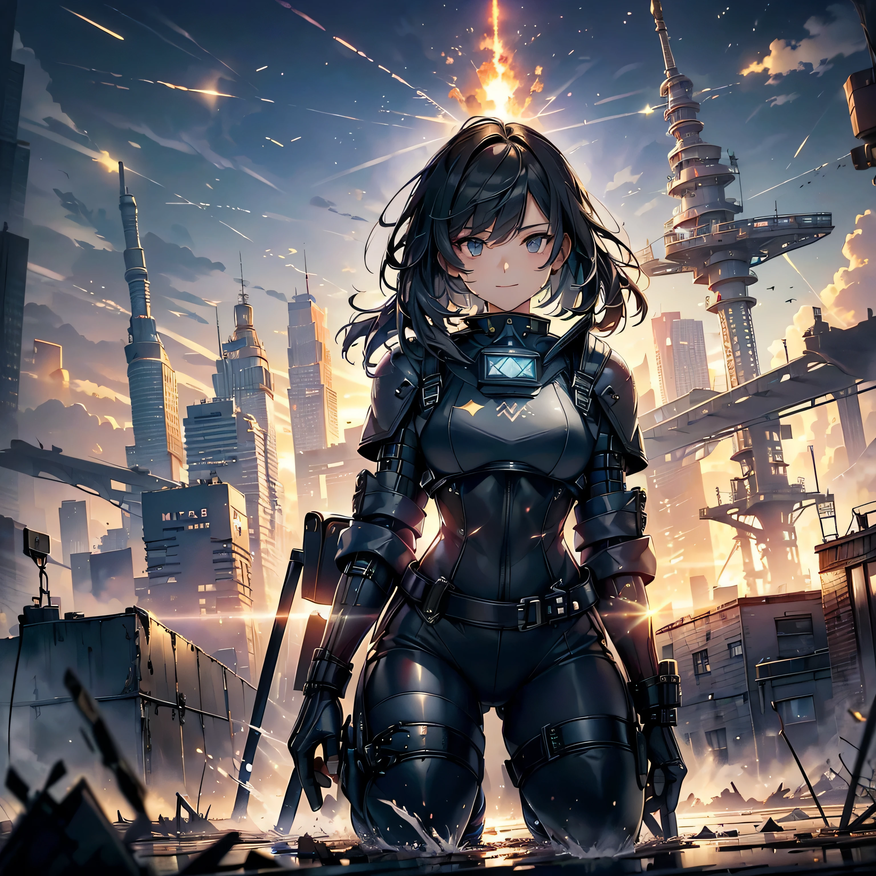 (highest quality,T Masterpiece,final solution,whole body):(Fluffy,19old female fighter,black super short hair,Shiny navy blue and black tight combat uniform,tight suit,(kneeling pose)(pointing at your ass)、normal posture,normal posture、Gentle smile)、(Time Machine、Computer、skyscraper gun、weapons of the future、(Backpack:1.1)、Real World、Plankton rattle field、volumetric fog、gray fog、cigarette、 explosion、apocalyptic、destroyed city background、burning building:1.3、splash of water、starry ski、huge moon、Earth、destroyed giant robot、radio tower、airplane flying overhead、shooting star rocket truck、broken car、derailed train、tank、giant weapon、electronic equipment、Luminous mechanism)