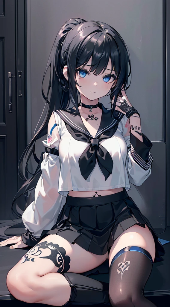 (extremely detailed CG unity 8k wallpaper), (((ultra-detailed))), ((extremely detailed)), (((best illustration))), best illumination, ((extremely delicate and beautiful)), ((an extremely delicate and beautiful girl)), colorful, modern city, ((1 girl, solo:1.9)), {{finely detailed beautiful eyes and detailed face}}, smug face, extra long ponytail, (((deep black hair))), (blue eyes:1.5), beautiful detailed eyes, badass girl, mature female, slender, medium breast, (((intricate details))), (Black and white long sleeve sailor top and black short skirt:1.5), short black boots, ((black choker)), (black tattoo on thigh:1.5), sitting, bishoujo, full-body