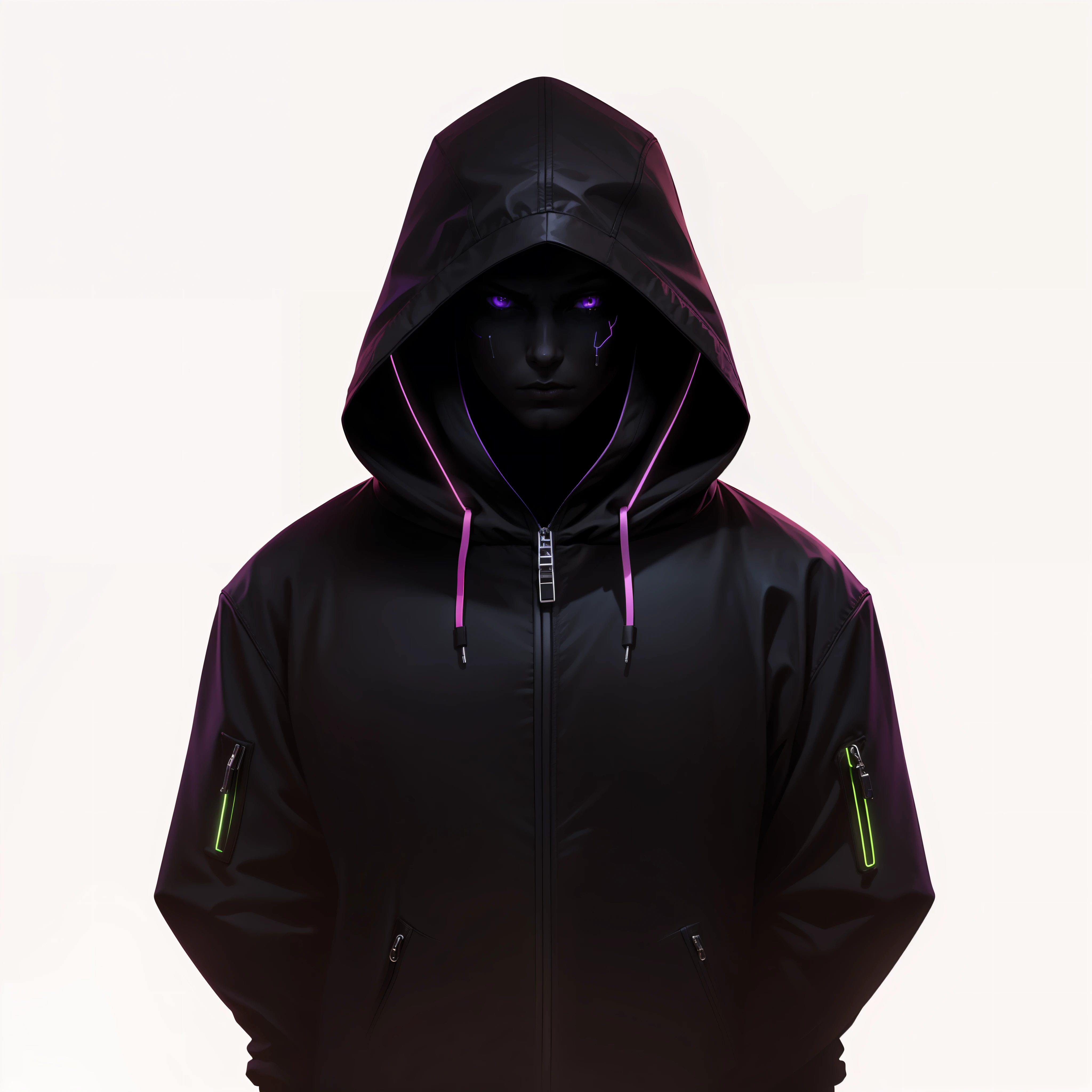 personagem masculino, encapuzado, Estilo Cyberpunk, e olhos neon, Preto com neon roxo.