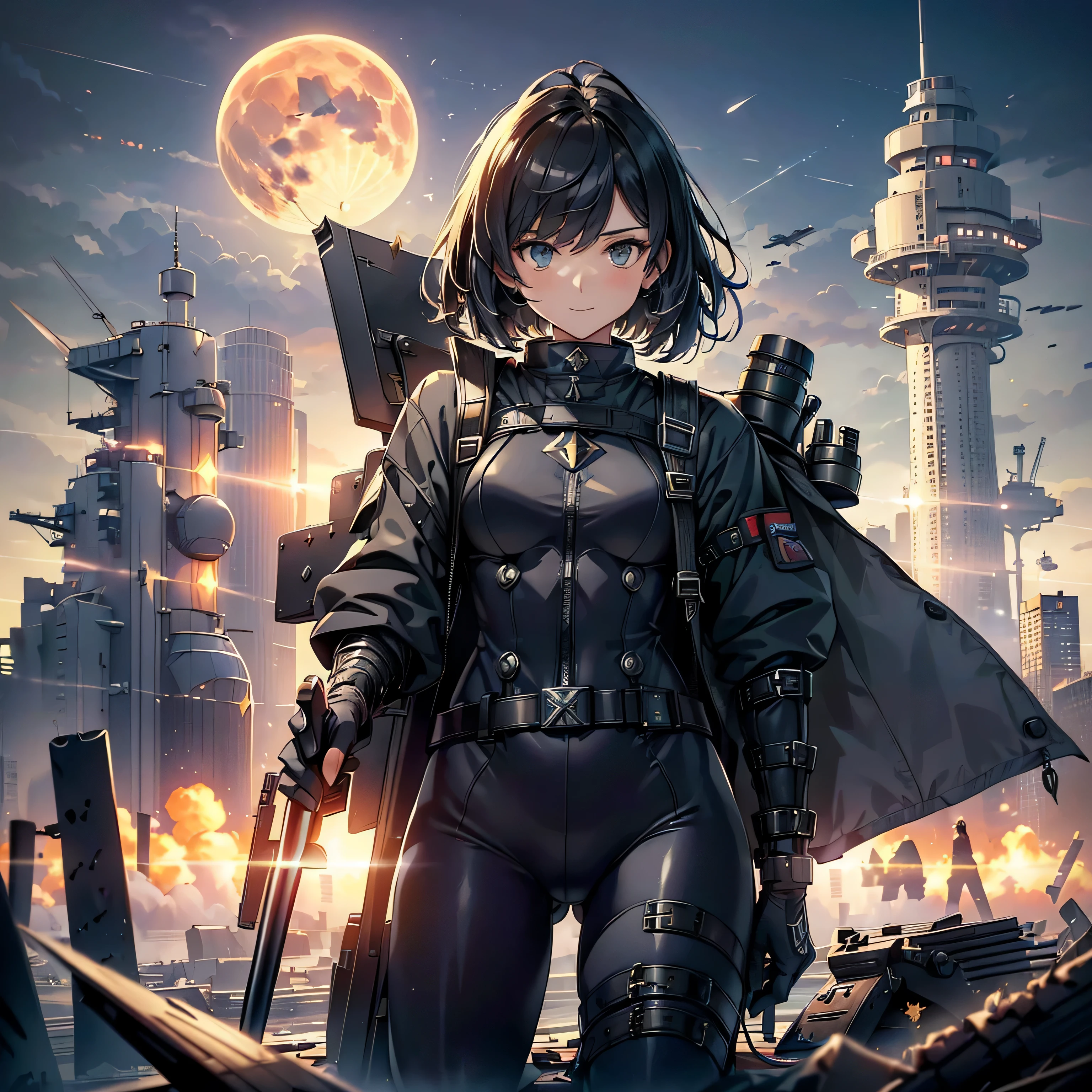 (highest quality,T Masterpiece,final solution,whole body):(Fluffy,19old female fighter,black super short hair,Shiny navy blue and black tight combat uniform,tight suit,(kneeling pose)(pointing at your ass)、normal posture,normal posture、Gentle smile)、(Time Machine、Computer、skyscraper gun、weapons of the future、(Backpack:1.1)、Real World、Plankton rattle field、volumetric fog、gray fog、cigarette、 explosion、apocalyptic、destroyed city background、burning building:1.3、splash of water、starry ski、huge moon、Earth、destroyed giant robot、radio tower、airplane flying overhead、shooting star rocket truck、broken car、derailed train、tank、giant weapon、electronic equipment、Luminous mechanism)
