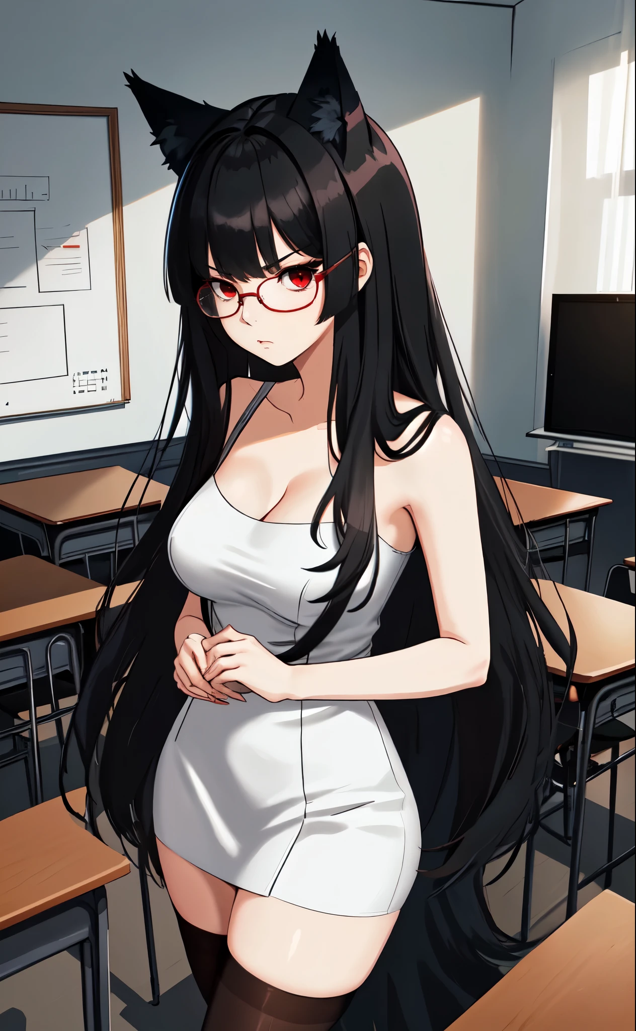 Solo:1.3, A tall woman, adult mature woman, medium breasts, thick thighs, black wolf ears, long black hair, straight bangs, red eyes, elegant clear glasses, serious face, naked, black stockings, in a classroom, standing, hands on her waist