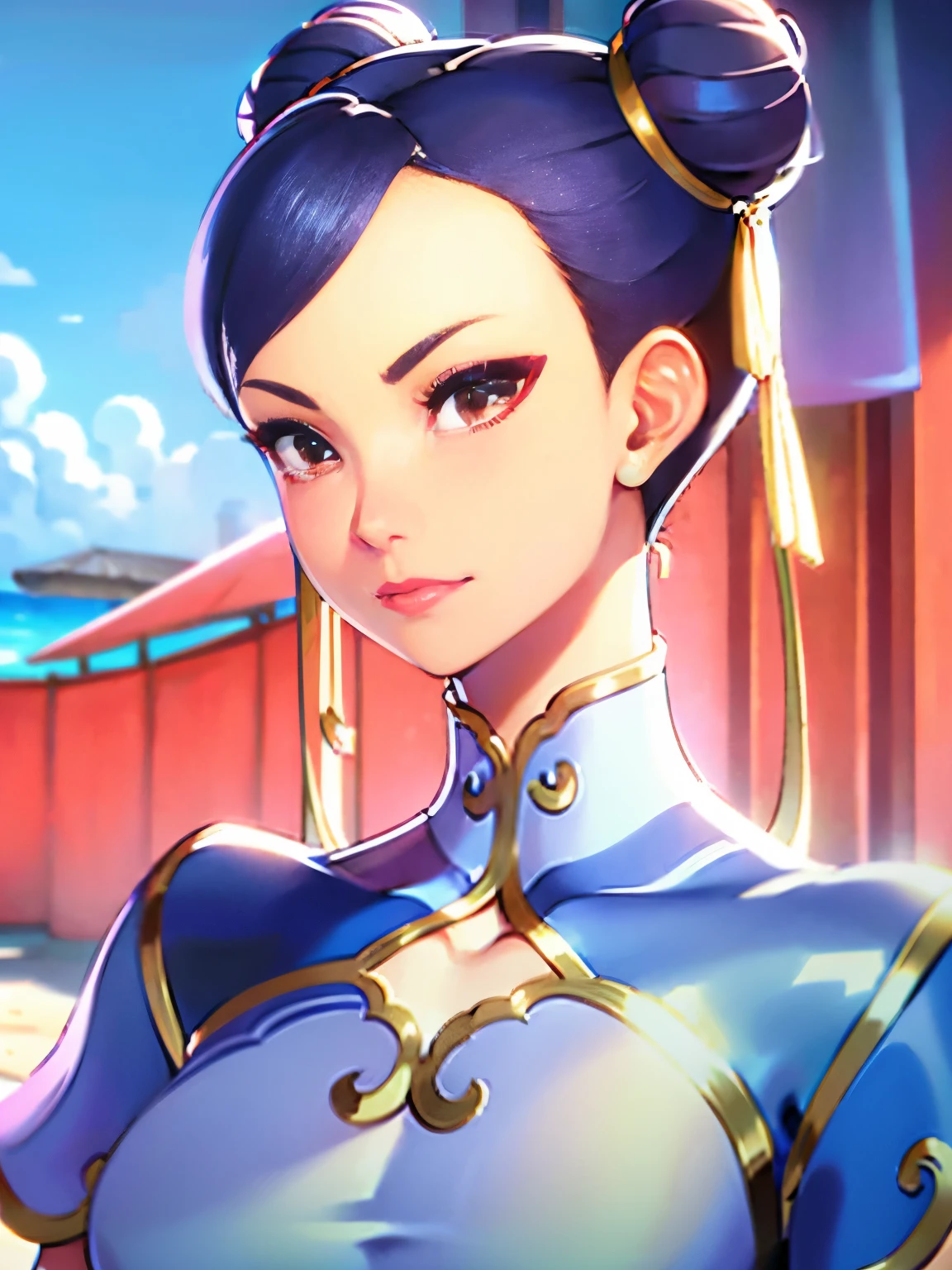 Chun li,high resolution, mais alta qualidade, Illustrations, super detalhe, (rosto detalhado), (olhos detalhados) , praia, diving swimsuit, sozinha, sunglasses, rosto bonito, pele detalhada, cabelo realista, textura perfeita