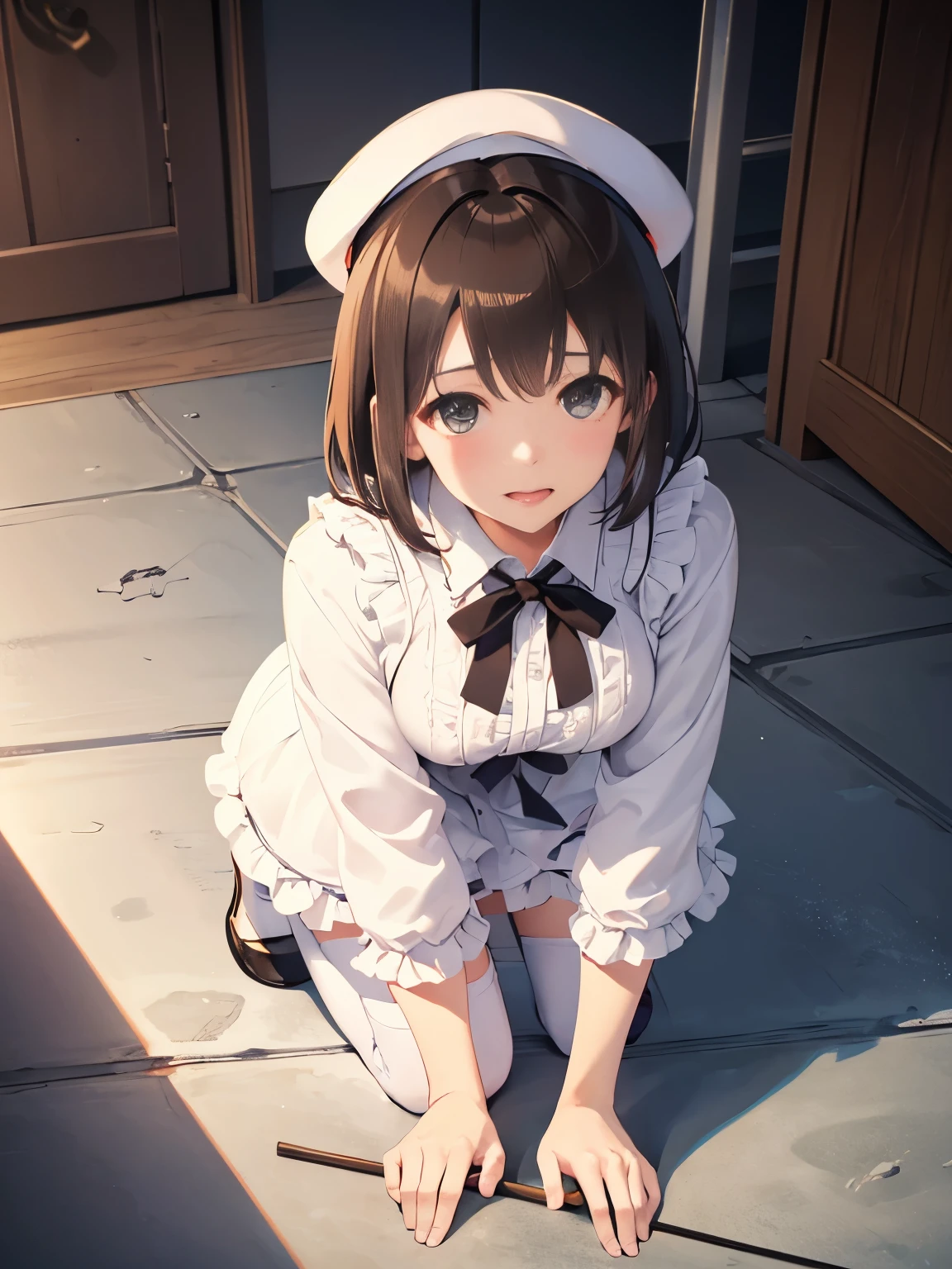 on all fours,(Crawling on all fours)，(crawl on hands and knees)，crawl on hands and knees，kneeling position，Posture with butt sticking out，((stick out tongue))，((drooling))，Upper grades，(collar with chain)， handcuffs，(Toilet：1.4)，From above，surrealism, Breasts F/1.2, Breasts Fuji Breasts Film, 35mm, 8K, Super detailed, ticker, debris flies, rough skin, high quality, 最high quality, hard disk，(masterpiece:1.6, 最high quality), (fine and beautiful eyes: 1.2), ticker_kato, katouhdlong, alone, brown hair, have, upper limbs, short hair, brown eyes, hat removed, dress, took off the hat, white stockings, White dress, The holding has, frills太もも, bangs, open your mouth, frills, 赤いJacket, Jacket, zettai ryouiki, ribbon, holding, white hat, blush
, (full body esbian),