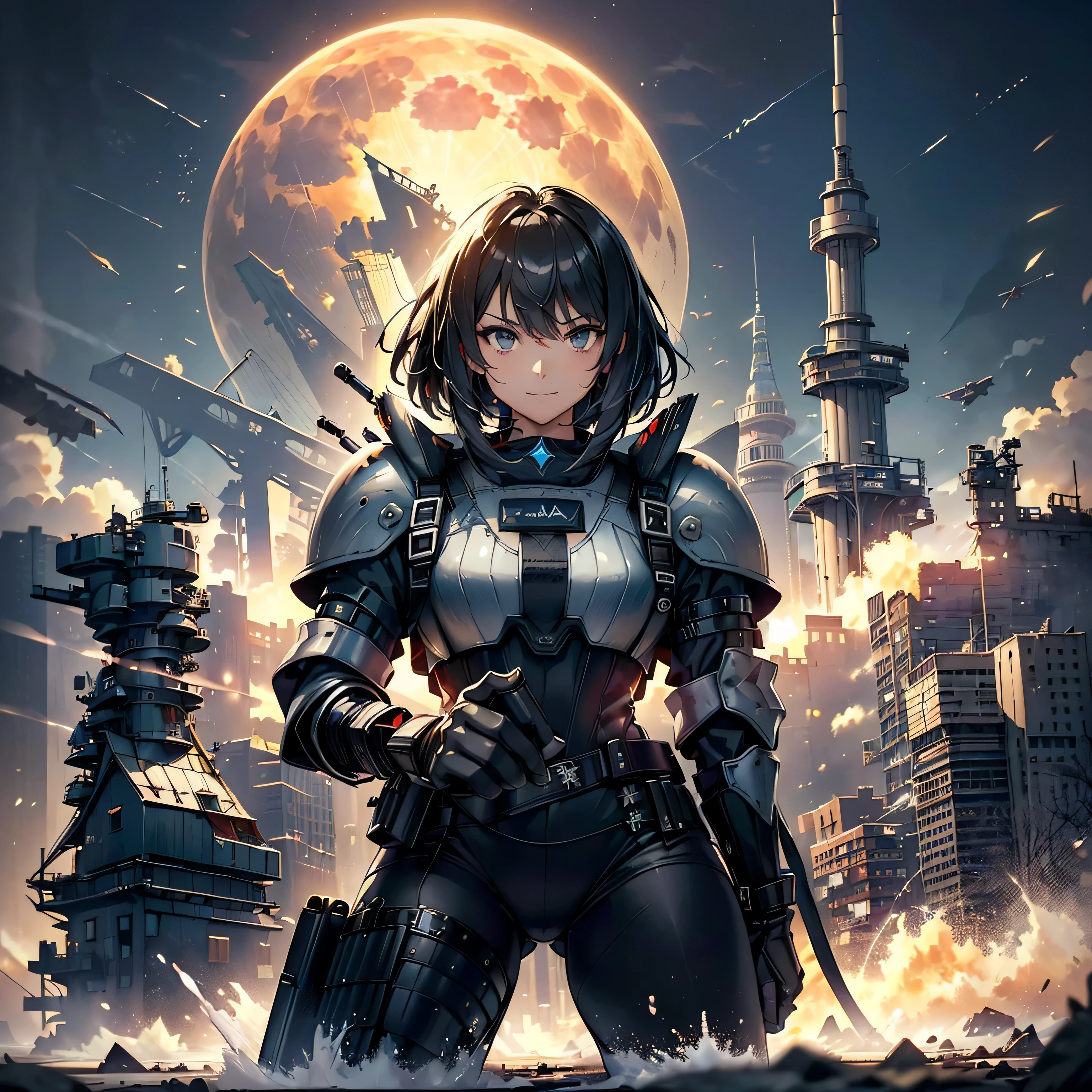 (highest quality，T Masterpiece，final solution，whole body):(Fluffy，１９old female fighter，black super short hair，Shiny navy blue and black tight combat uniform，tight suit，（kneeling pose）（pointing at your ass）、normal posture，normal posture、Gentle smile)、(Time Machine、Computer、skyscraper gun、weapons of the future、(Backpack:1.1)、Real World、Plankton rattle field、volumetric fog、gray fog、cigarette、 explosion、apocalyptic、destroyed city background、burning building:1.3、splash of water、starry ski、huge moon、Earth、destroyed giant robot、radio tower、airplane flying overhead、shooting star rocket truck、broken car、derailed train、tank、giant weapon、electronic equipment、Luminous mechanism)