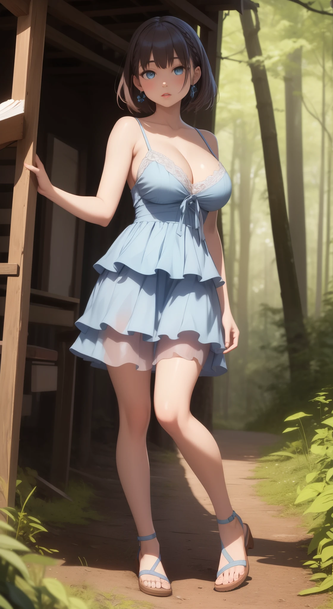 masterpiece, best quality, highly detailed, ultra high res, aichan, large breasts, 1girl, solo, blue eyes, short brown hair, braid, glossy lips, standing, forest, pale blue short dress, flared skirt, tiered skirt, layered skirt, sandals, cleavage