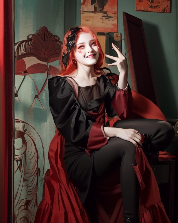 masterpiece, best quality, highres, 1girl, solo, modern vampire, red hair, long hair, open hair, red eyes, evil smile, 2 young boys on her both sides, both vampires with red hair, red and black outfit, scary background