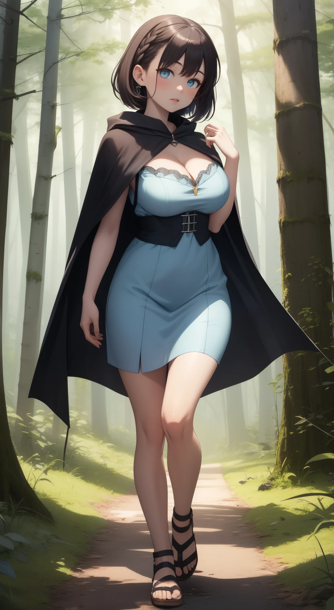 masterpiece, best quality, extremely detail 8k cg, high resolution, 1girl, narukouzumaki, twintails, wisker marks, blonde hair, blue eyes, perfect eyes, slim body, gigantic breasts, bursting breasts, lacasindress, black thighhighs, cleavage, outdoors, beautiful face, full shot photo, full body