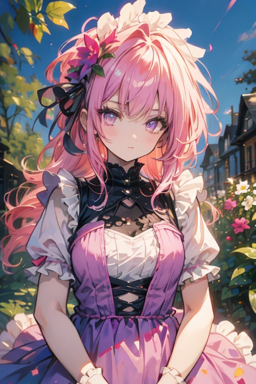 A pink haired woman with violet eyes with an hourglass figure is holding a pink rose in a garden
