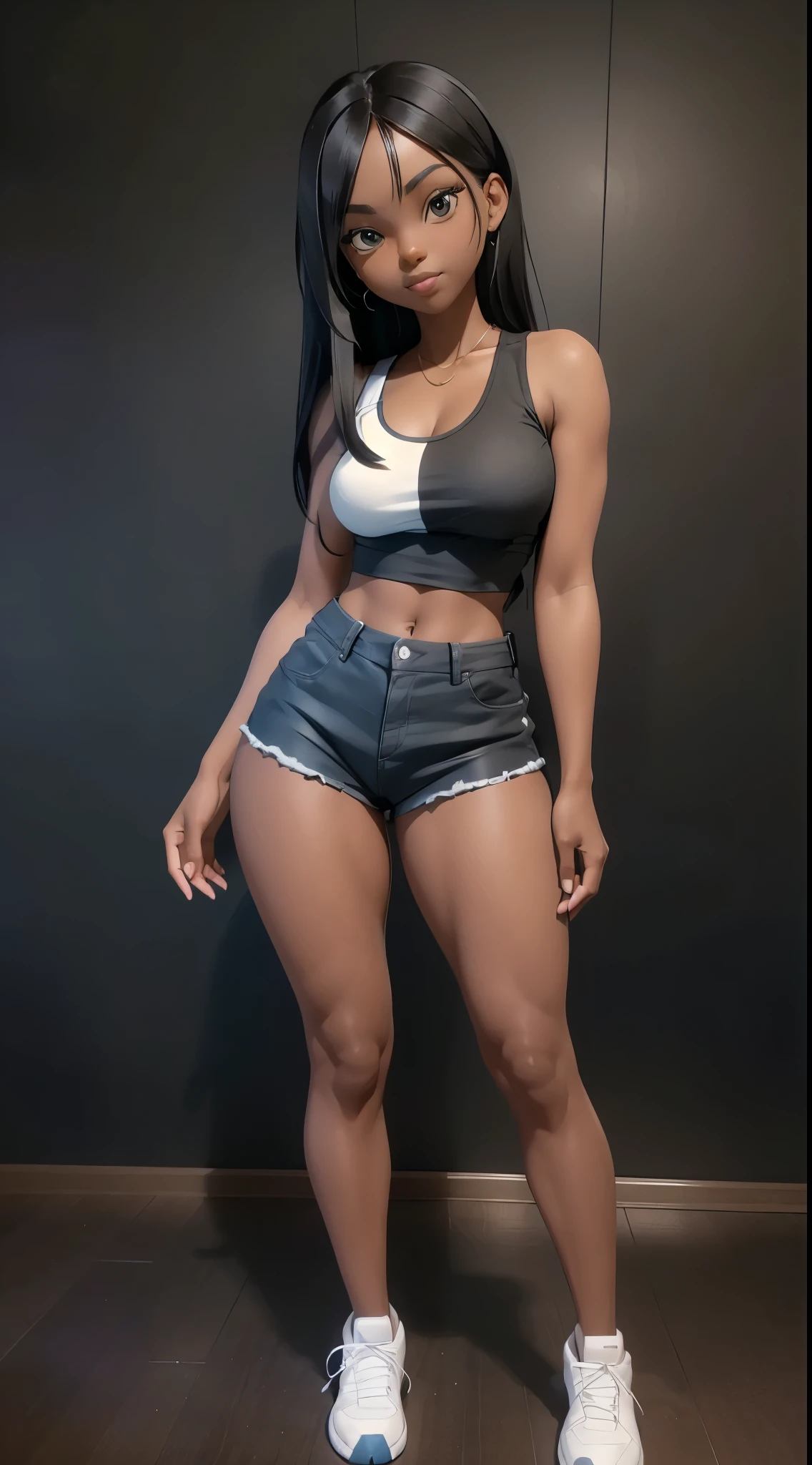 araffe black woman in a white tank top and blue shorts posing for a picture, tan skin a tee shirt and shorts, thighs!!!!!!, fun pose, full body shot!!, side pose, posing!!, dark skinned, thighs!!!, very dark brown skin!, full pose, full body length shot, good hips and long legs, thighs!!!!! gorgeous