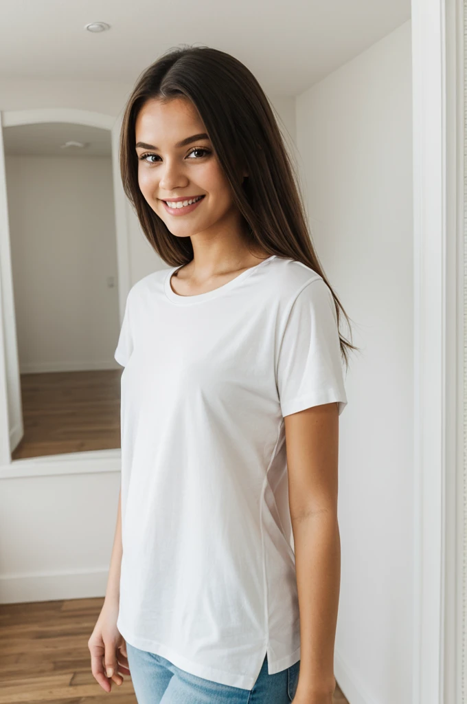 1 girl, wearing white plain t-shirt, model, inside a house, classic salon background interior, soft colors, looking like she's advertising clothing, smiling slightly

