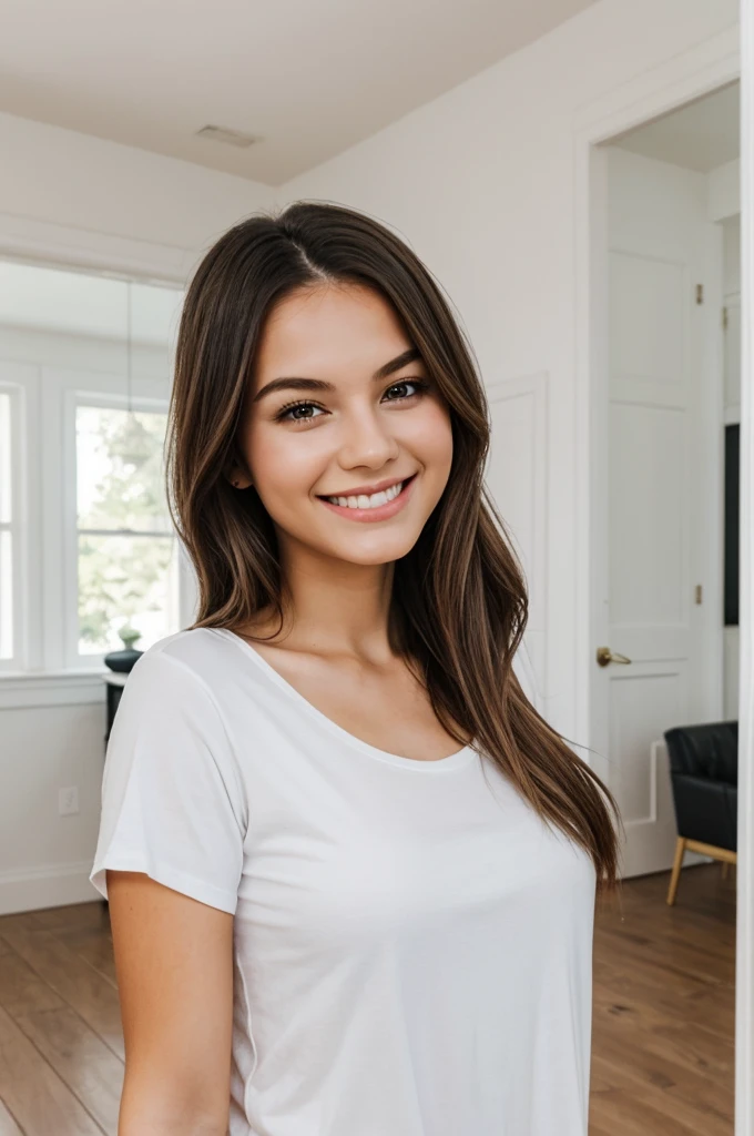 1 girl, wearing white plain t-shirt, model, inside a house, classic salon background interior, soft colors, looking like she's advertising clothing, smiling slightly