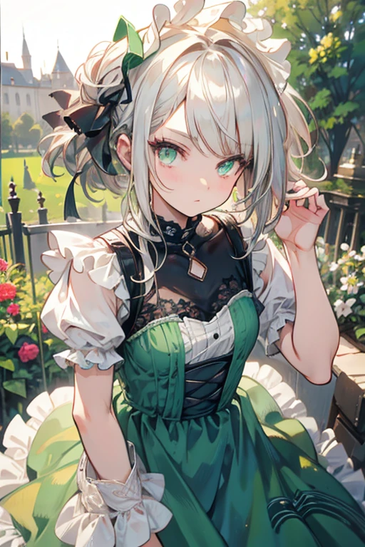 a silver haired woman with green eyes is posing in the garden in a frilly gown
