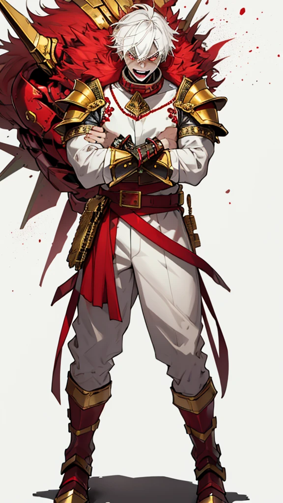 Man with thick white hair and red eyes very angry with an open mouth and thick white teeth and damaged and broken armor and golden shoulder armor and golden bracelet on his wrists and red pants and boots with thin spikes at the end of the foot golden and a string full of polka dots around his neck and scars in his eyes and closed hands with the posture of a soldier and red lights in his hands and a yellow watercolor background
