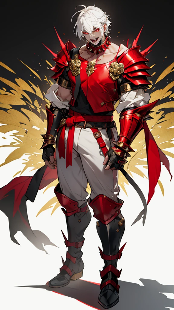 Man with thick white hair and red eyes very angry with an open mouth and thick white teeth and damaged and broken armor and golden shoulder armor and golden bracelet on his wrists and red pants and boots with thin spikes at the end of the foot golden and a string full of polka dots around his neck and scars in his eyes and closed hands with the posture of a soldier and red lights in his hands and a yellow watercolor background