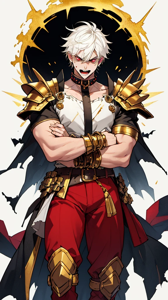 Man with thick white hair and red eyes very angry with an open mouth and thick white teeth and damaged and broken armor and golden shoulder armor and golden bracelet on his wrists and red pants and boots with thin spikes at the end of the foot golden and a string full of polka dots around his neck and scars in his eyes and closed hands with the posture of a soldier and red lights in his hands and a yellow watercolor background