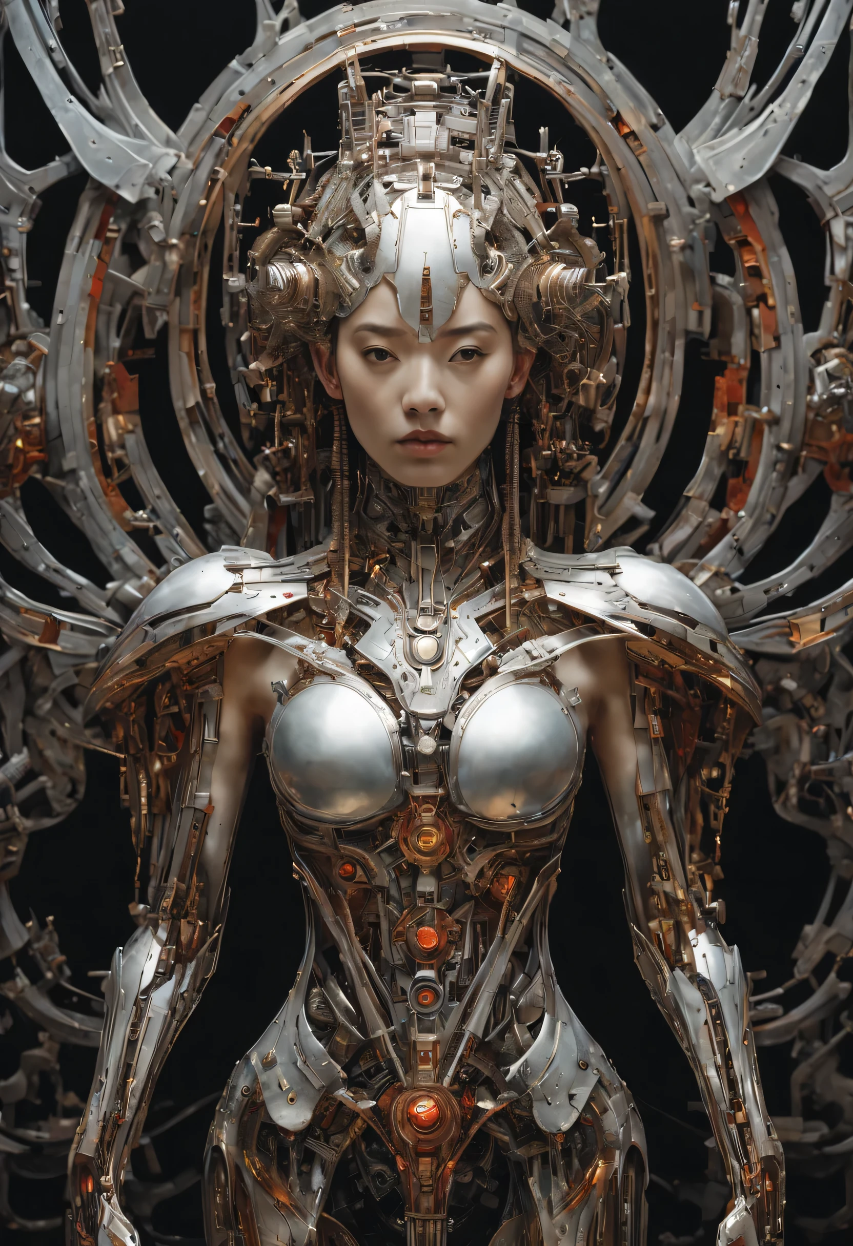 Futuristic native futurism, Actress Zhao Lusi plays the high-level cybernetic cyborg, picture of full body, walking towards the viewer, gigantic breasts, the Japanese goddess of war, sensuality, Artistic details, Cyberpunk Chinese mythology, Epic science fiction fantasy, Centered, In the style of Nick Alm's fantasy futuristic fantasy works, Dark prism, Dark, Metal composition, symmetrical arrangements, Iridescent metallic , distinctive noses, Ethereal, Blood splattered multicolored, eye-catching metallic compositions, Symmetrical geometry, distinctive noses, gothic references, With bold lines and black stripes, White, Red, Gold and silver, Fantasy science fiction art, a detailed painting, ,Alex Alemanni merges with Carol Barker