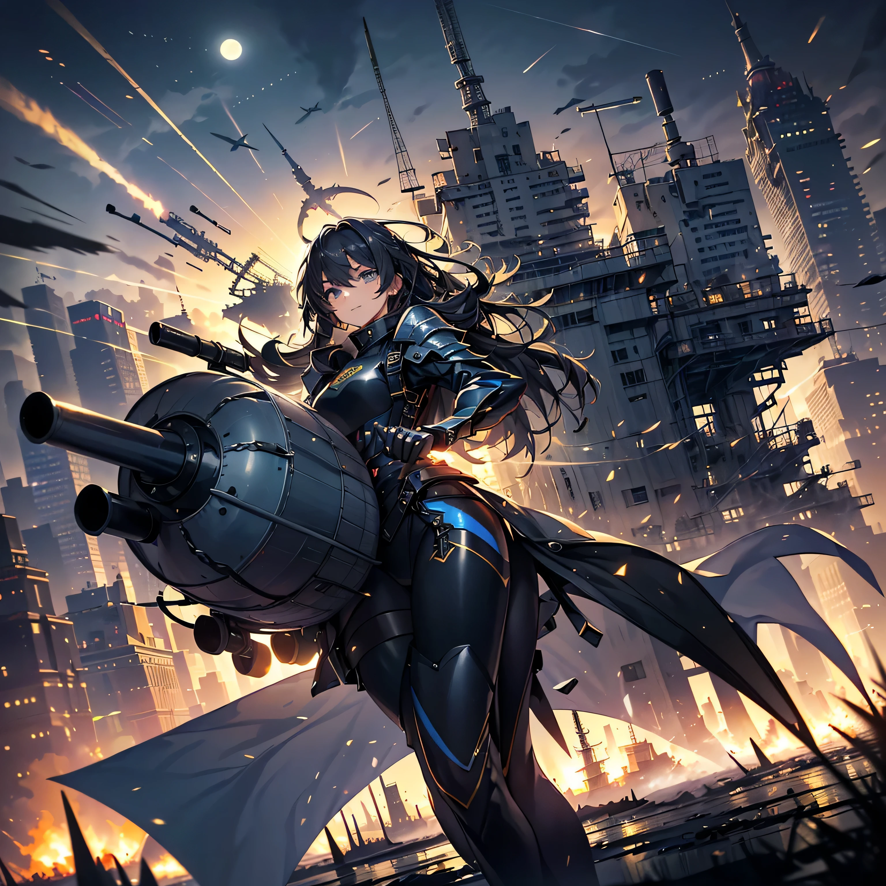 (highest quality,T Masterpiece,final solution,whole body):(Fluffy,19old female fighter,black super short hair,Shiny navy blue and black tight combat uniform,tight suit,dynamic angle、dynamic action、dynamic action、(dynamic pose:1.2)、normal posture,normal posture、Gentle smile)、(Time Machine、Computer、skyscraper gun、weapons of the future、(Backpack:1.1)、Real World、Plankton rattle field、volumetric fog、gray fog、cigarette、 explosion、apocalyptic、destroyed city background、burning building:1.3、splash of water、starry ski、huge moon、Earth、destroyed giant robot、radio tower、airplane flying overhead、shooting star rocket truck、broken car、derailed train、tank、giant weapon、electronic equipment、Luminous mechanism)