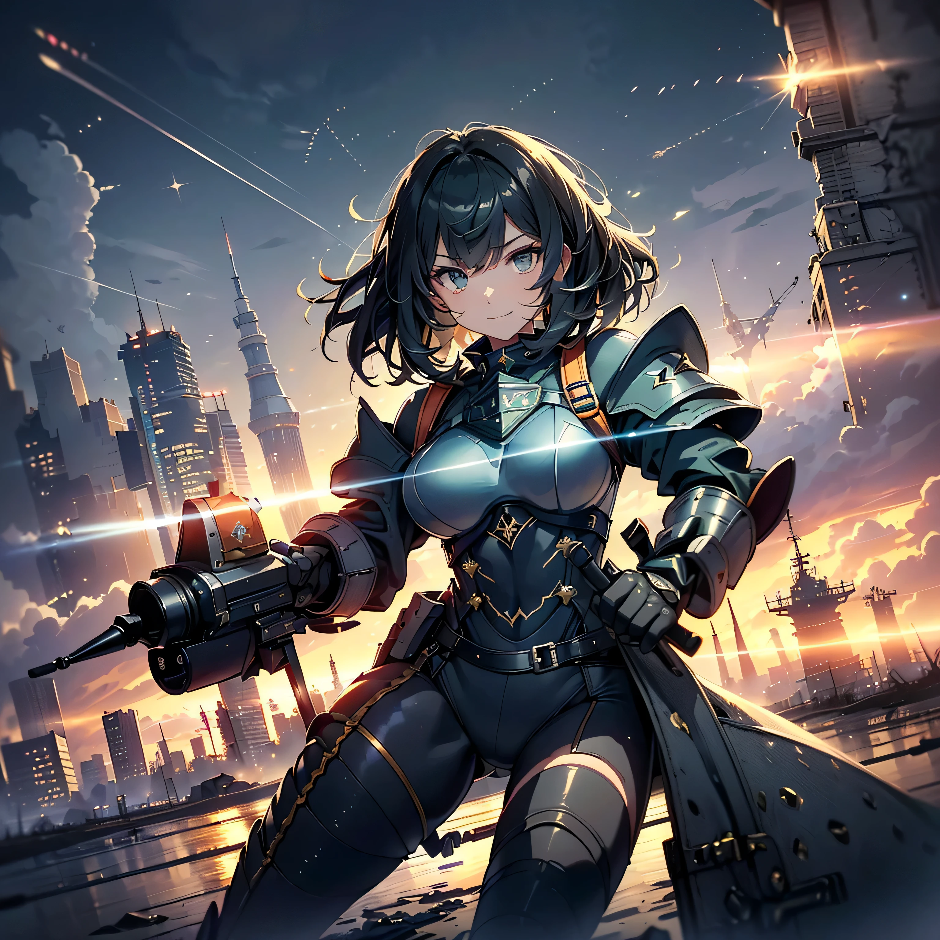 (highest quality,T Masterpiece,final solution,whole body):(Fluffy,19old female fighter,black super short hair,Shiny navy blue and black tight combat uniform,tight suit,dynamic angle、dynamic action、dynamic action、(dynamic pose:1.2)、normal posture,normal posture、Gentle smile)、(Time Machine、Computer、skyscraper gun、weapons of the future、(Backpack:1.1)、Real World、Plankton rattle field、volumetric fog、gray fog、cigarette、 explosion、apocalyptic、destroyed city background、burning building:1.3、splash of water、starry ski、huge moon、Earth、destroyed giant robot、radio tower、airplane flying overhead、shooting star rocket truck、broken car、derailed train、tank、giant weapon、electronic equipment、Luminous mechanism)