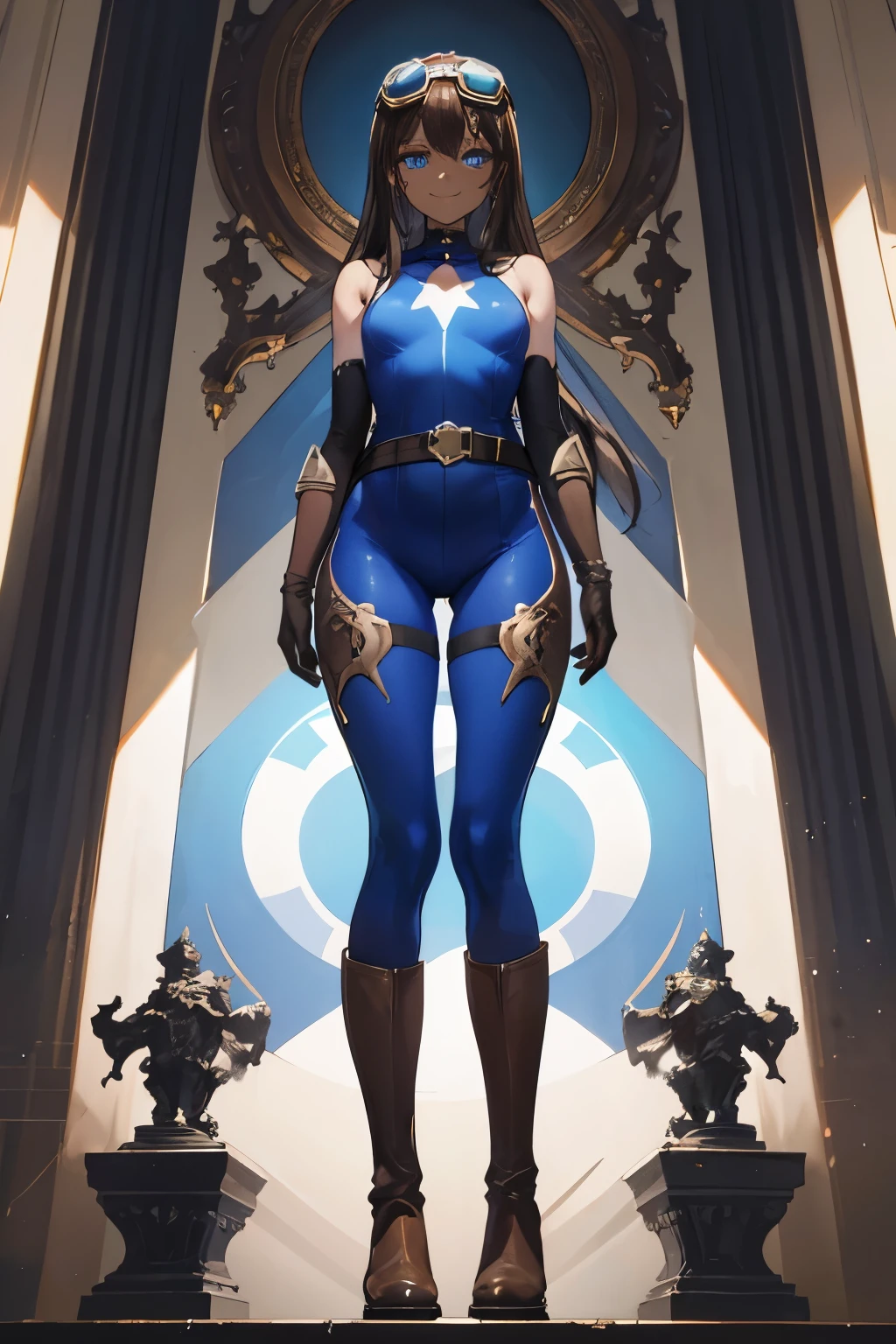 1 dark skinned girl, age25, mature face, thicc, HUGE breasts, shy smile, blue eyes(glowing), long brown hair, Wearing: goggles up on head, black superhero mask, skintight black full-body spandex(blue concentric ring pattern on shoulders, blue star emblem on chest), small bronze metal pauldrons, broad brown leather belt(bronze fittings), brown leather hip boots, raygun gothic, Pose: standing legs apart, arms folded across chest, from below, Background: Statue of Atlas, absurdes, high res, chiaroscuro, ultrasharp, 8k, masterpiece, looking at viewer, 
