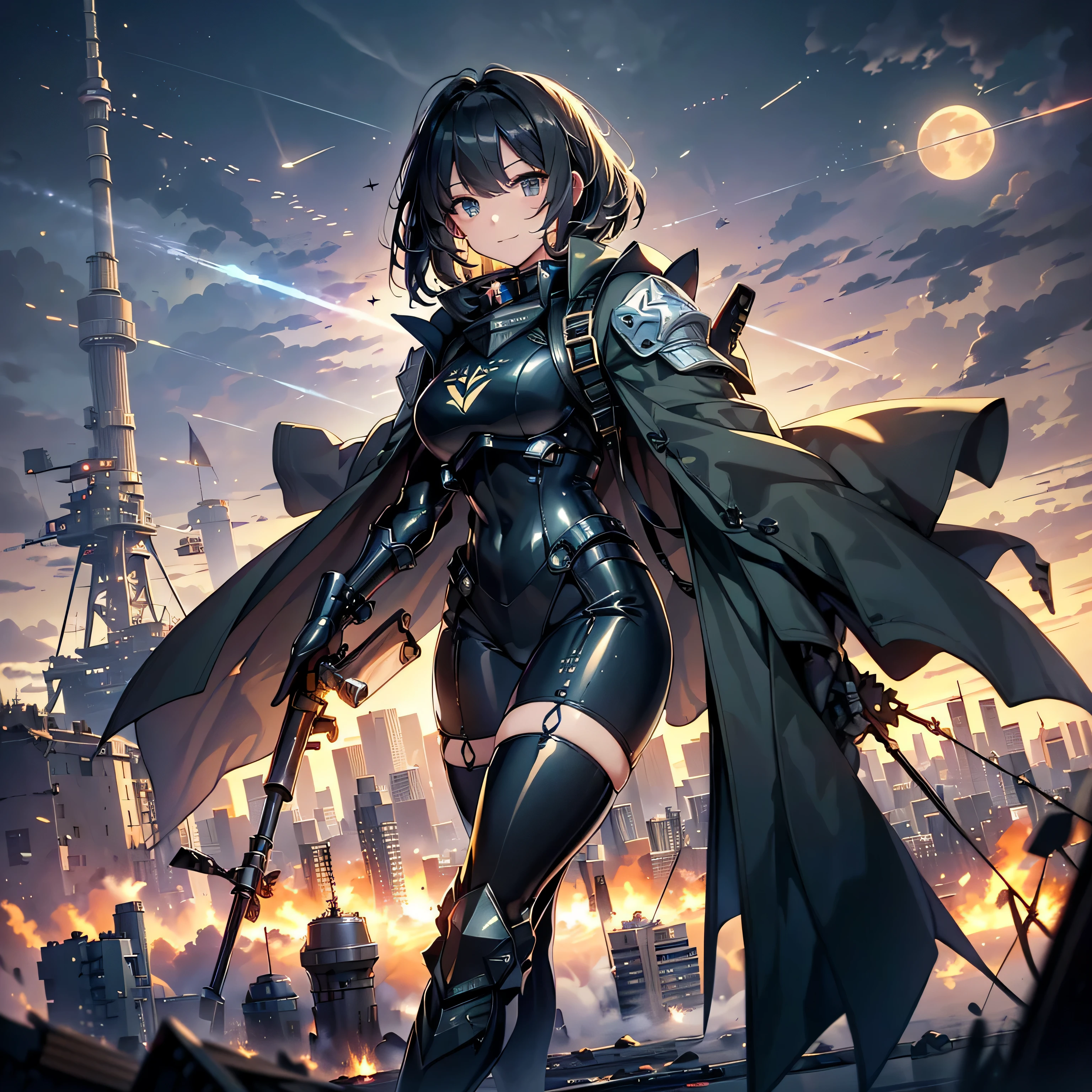(highest quality,T Masterpiece,final solution,whole body):(Fluffy,19old female fighter,black super short hair,Shiny navy blue and black tight combat uniform,tight suit,dynamic angle、dynamic action、dynamic action、(dynamic pose:1.2)、normal posture,normal posture、Gentle smile)、(Time Machine、Computer、skyscraper gun、weapons of the future、(Backpack:1.1)、Real World、Plankton rattle field、volumetric fog、gray fog、cigarette、 explosion、apocalyptic、destroyed city background、burning building:1.3、splash of water、starry ski、huge moon、Earth、destroyed giant robot、radio tower、airplane flying overhead、shooting star rocket truck、broken car、derailed train、tank、giant weapon、electronic equipment、Luminous mechanism)