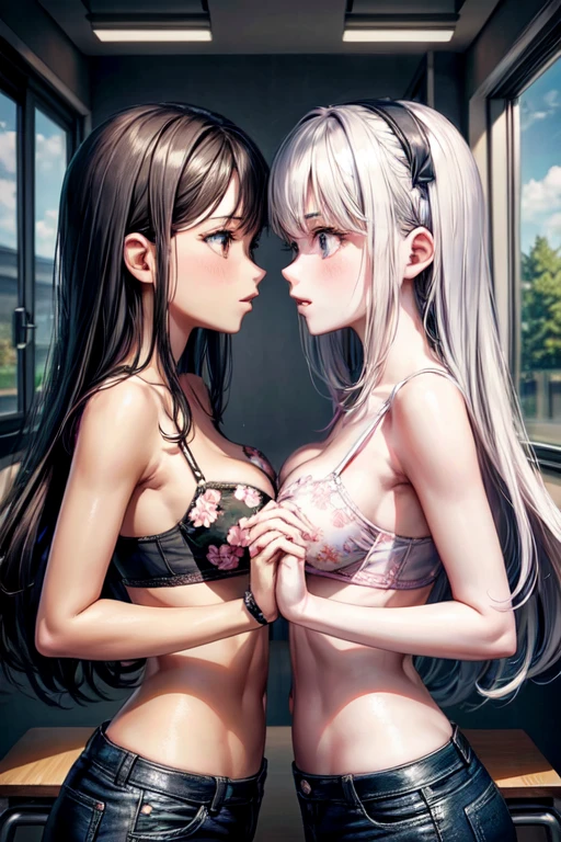 Two  girls，angry look，equivalent height，In the classroom，black and blonde hair，Facing each other and staring，hug each other，The two bodies are close to each other，kiss、Picture of two people、Holding hands and facing each other、Photograph of two people facing each other、Push each other、Stick your boobs and boobs together、skinny jeans、floral bra