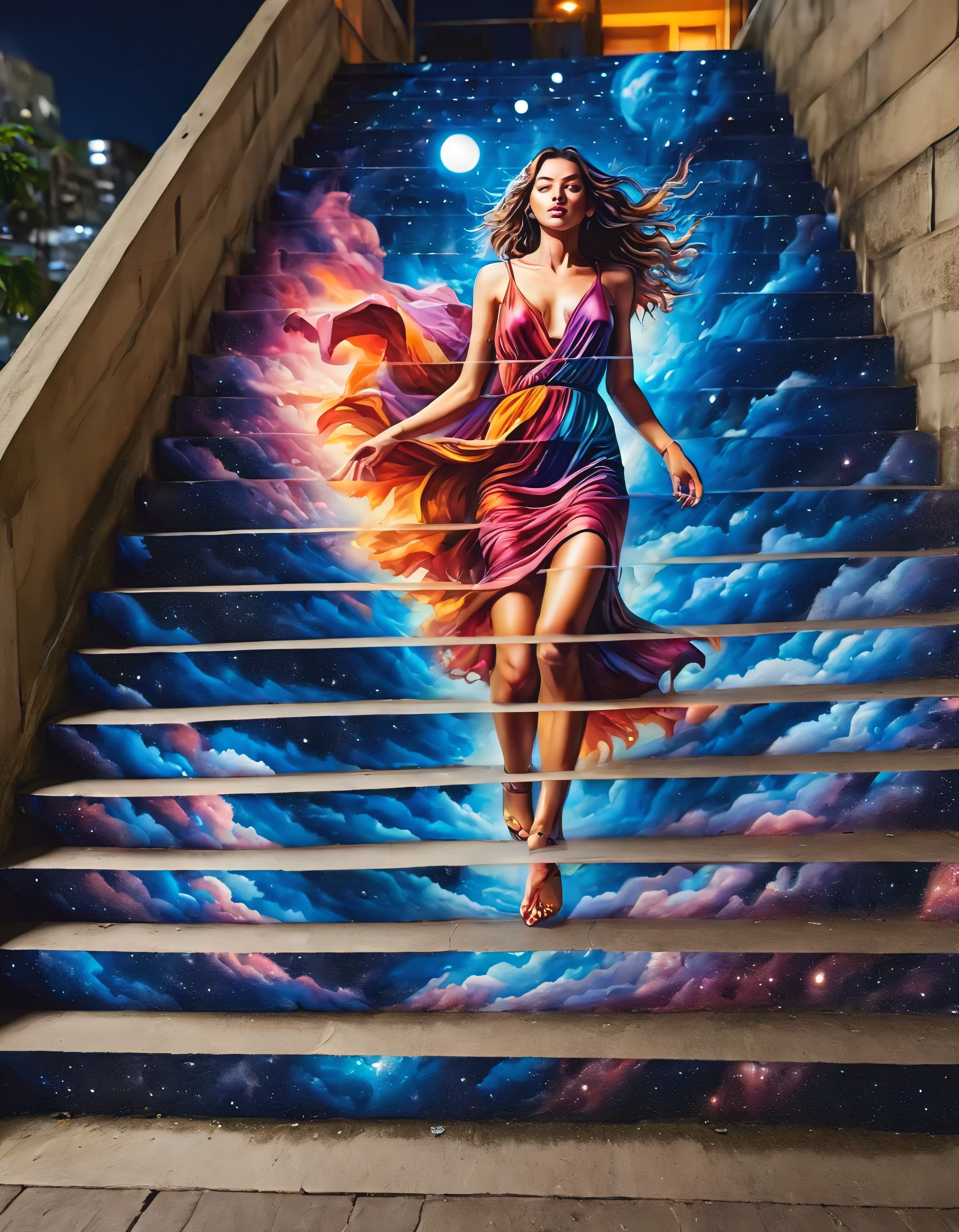 masterpiece, best quality, stair-art, 1woman, nighttime, vibrant, flash-photography, high-saturation