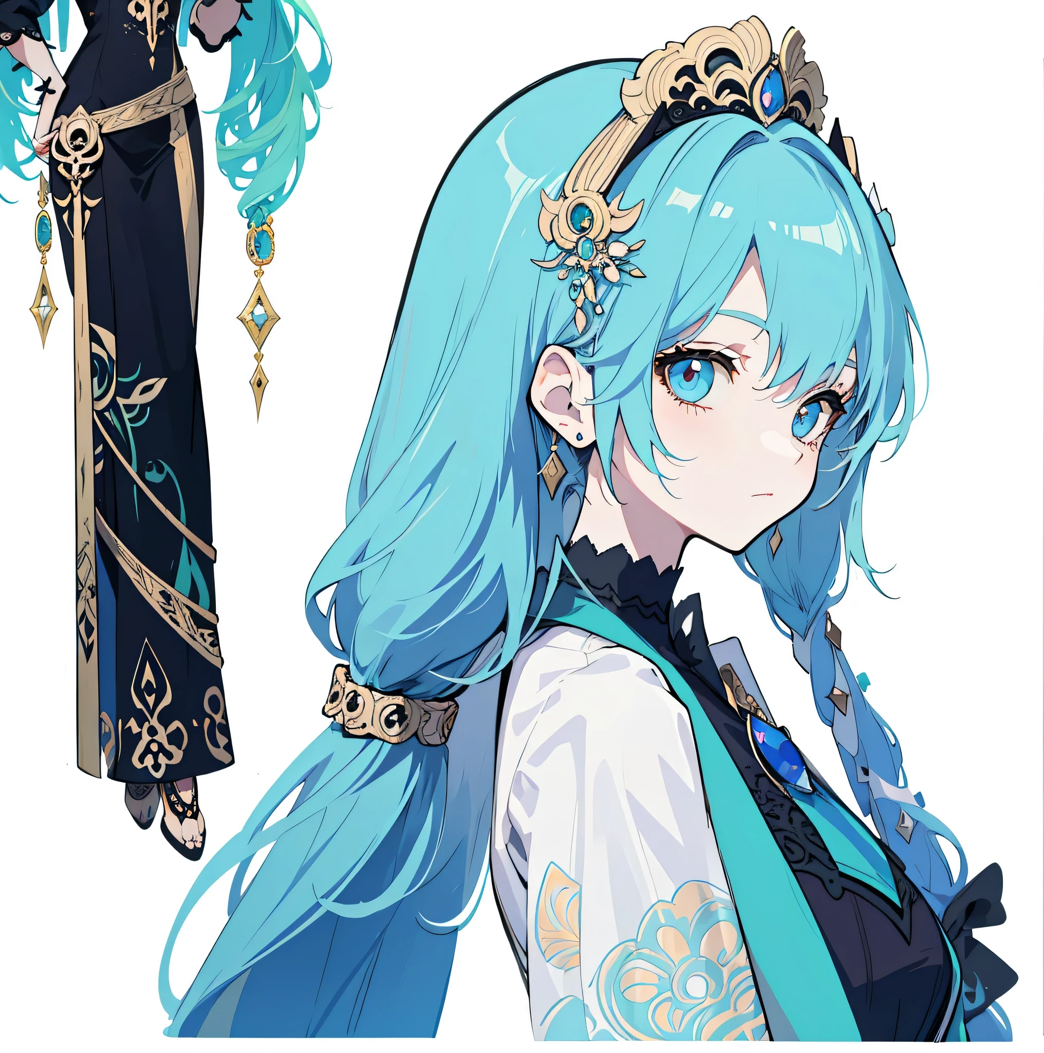 Three views of roles，Character Design，Character Design，three views，Full body Esbian，frontage，~ side，behind，sett，lolita prostitute，so gorgeous，maximalism，extreme details，Rococo style，super long hair，intricate accessories，Complex hairstyles，gem,blue hair,