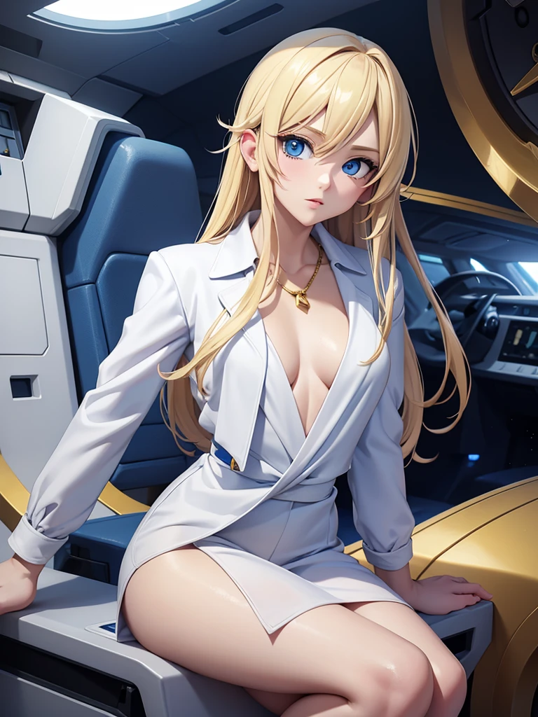 Young blonde anime, aesthetic body, dark blue eyes, with white clothes with blue details, on a spaceship, with golden necklace