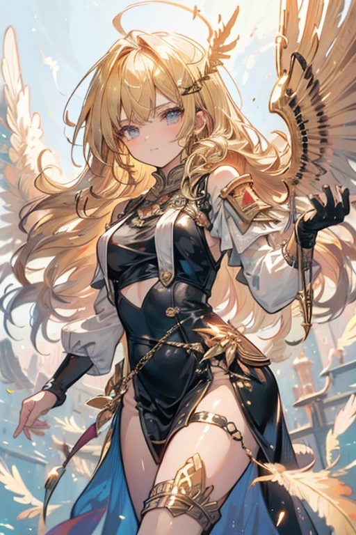 fantasy, 1angel_girl, loli,bwn_hair, medium_bob_hair, long_bangs, halo,bare_shoulder,thighhighs,silver_armor, waist_armor, large_breasts,angry,grinning,open_mouth_teeth, 1pair_wings, dynamic_pose_fighting,floating, bare_crotch, headgear,gauntlet, greaves,city_sky_background,slightly_spread_legs, solo, groin_naked,dark_skin,