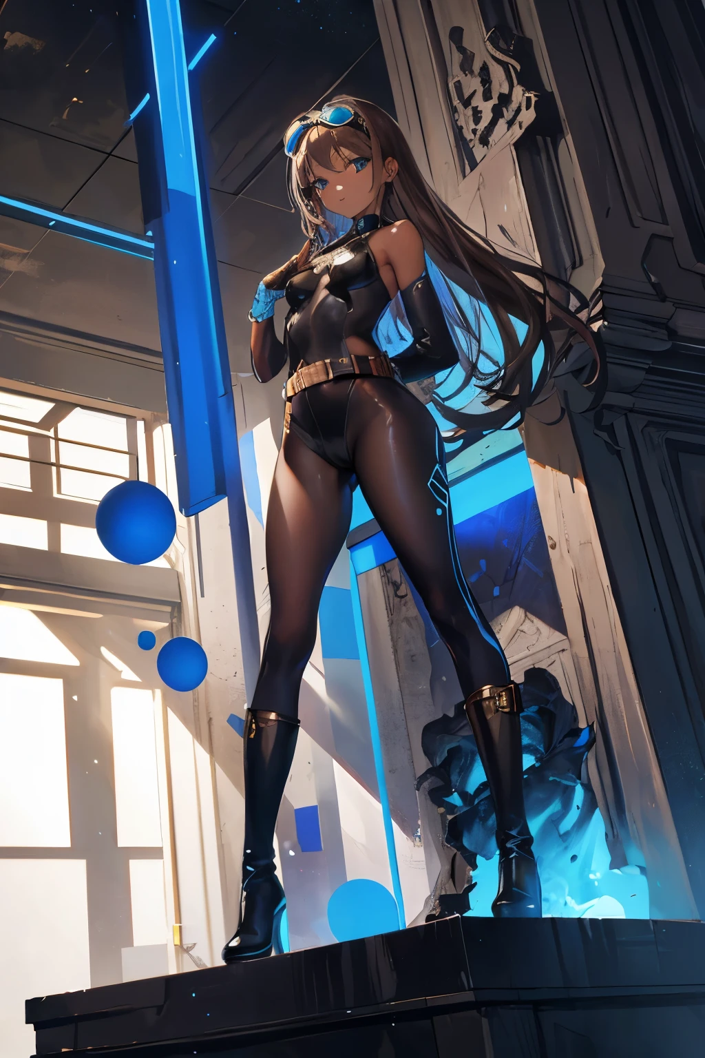 1 dark skinned girl, 25, mature face, thicc, HUGE breasts, shy smile, blue eyes(glowing), long brown hair, Wearing: goggles up on head, black superhero mask, skintight black full-body spandex(blue concentric ring pattern on shoulders, blue star emblem on chest), small bronze metal pauldrons, broad brown leather belt(bronze fittings), brown leather hip boots, raygun gothic, Pose: standing legs apart with arms folded, from below, Background: Statue of Atlas, absurdes, high res, chiaroscuro, ultrasharp, 8k, masterpiece, looking at viewer, 