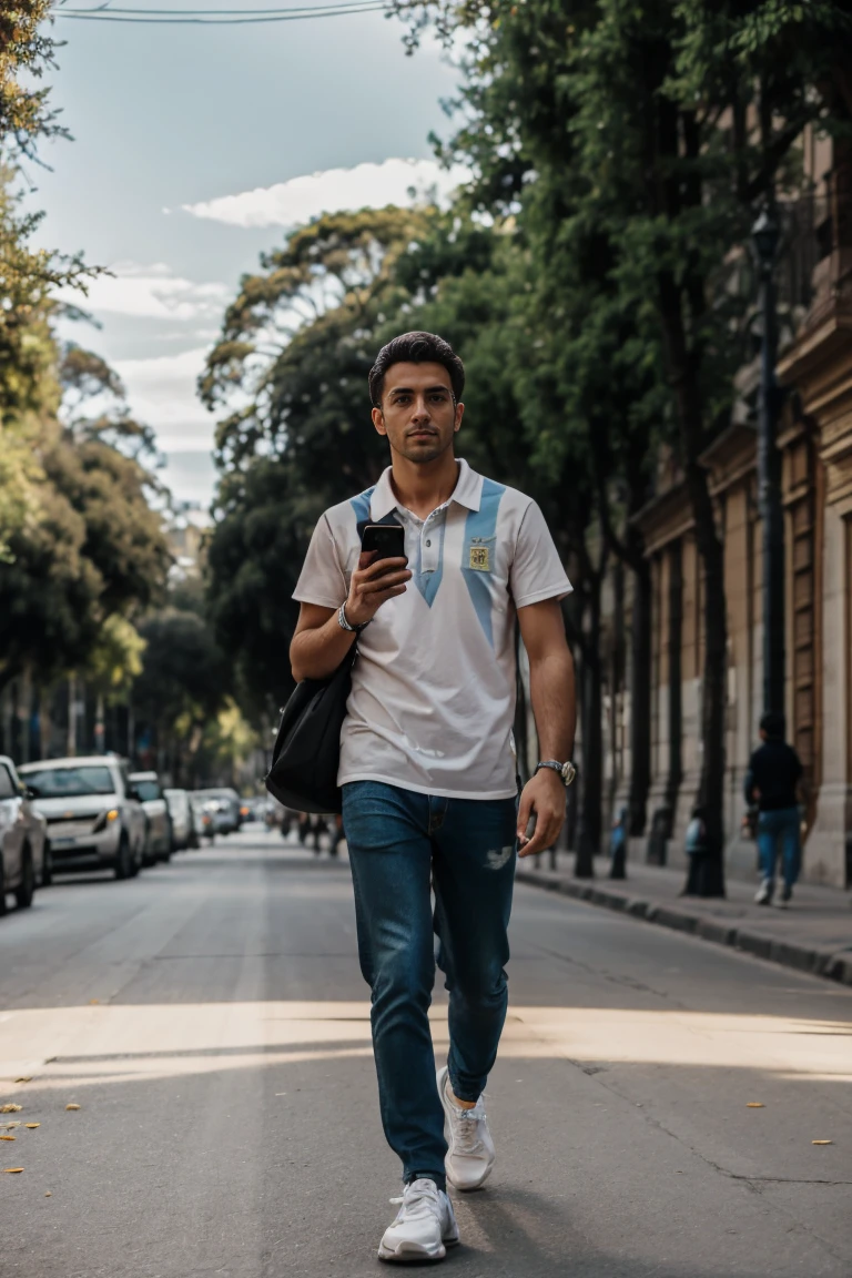 amateur phone photo of a person with a sportware of argentina across the avenue in buenos aires, natural lighting, raw style