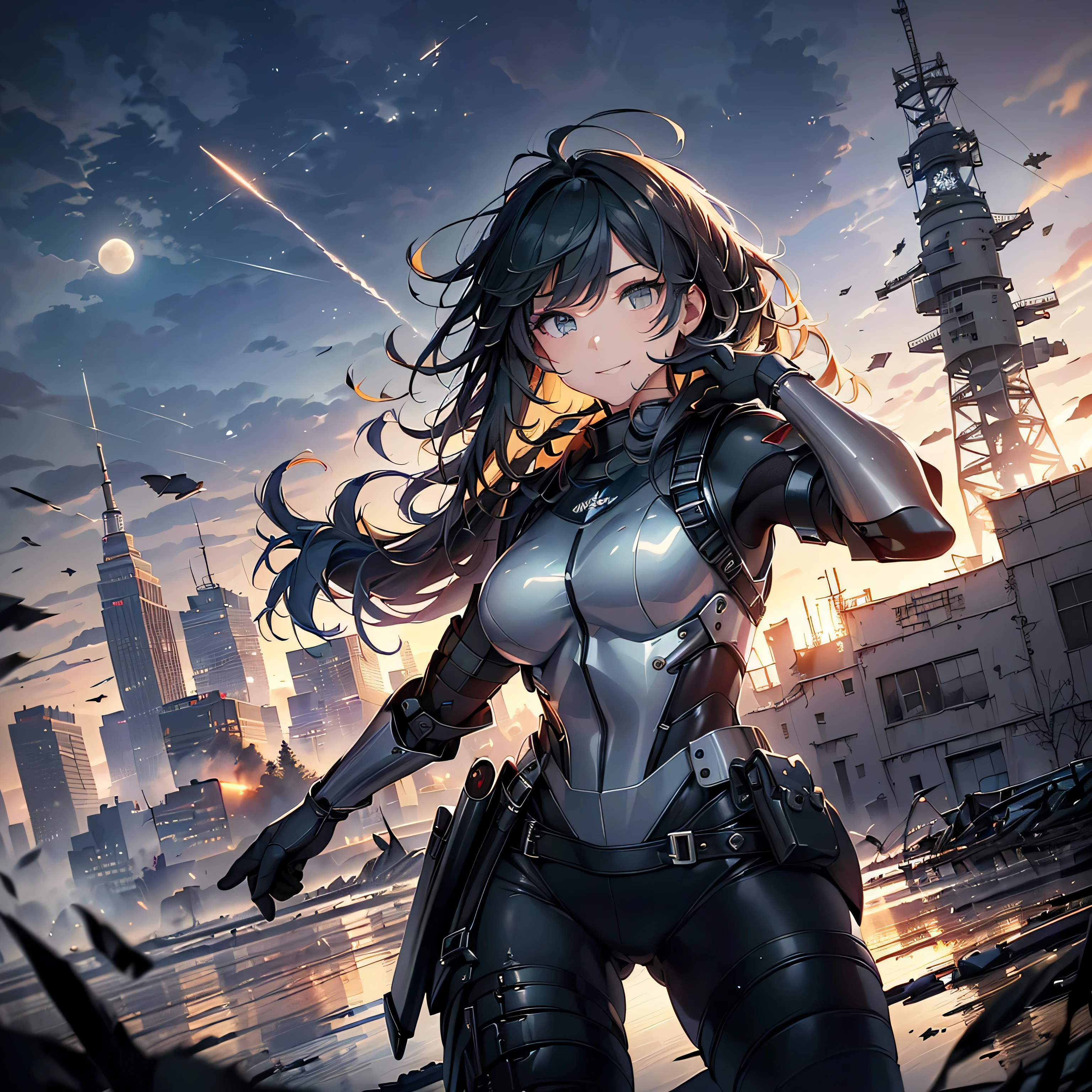 (highest quality,T Masterpiece,final solution,whole body):(Fluffy,19old female fighter,black super short hair,Shiny navy blue and black tight combat uniform,tight suit,dynamic angle、dynamic action、(dynamic pose:1.2)、normal posture,normal posture、Gentle smile)、(Time Machine、Computer、skyscraper gun、weapons of the future、(Backpack:1.1)、Real World、Plankton rattle field、volumetric fog、gray fog、cigarette、 explosion、apocalyptic、destroyed city background、burning building:1.3、splash of water、starry ski、huge moon、Earth、destroyed giant robot、radio tower、airplane flying overhead、shooting star rocket truck、broken car、derailed train、tank、giant weapon、electronic equipment、Luminous mechanism)