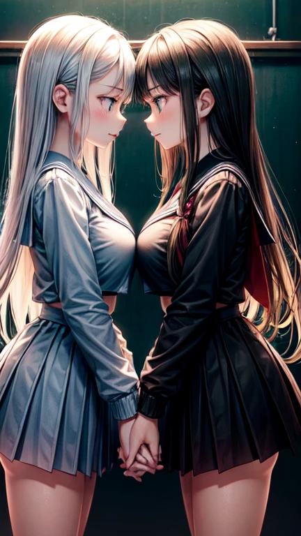 Two  girls，angry look，equivalent height，In the classroom，black and blonde hair，Facing each other and staring，hug each other，The two bodies are close to each other，kiss、Picture of two people、Holding hands and facing each other、Photograph of two people facing each other、Push each other、Stick your boobs and boobs together、super big breasts、uniform、high school girl