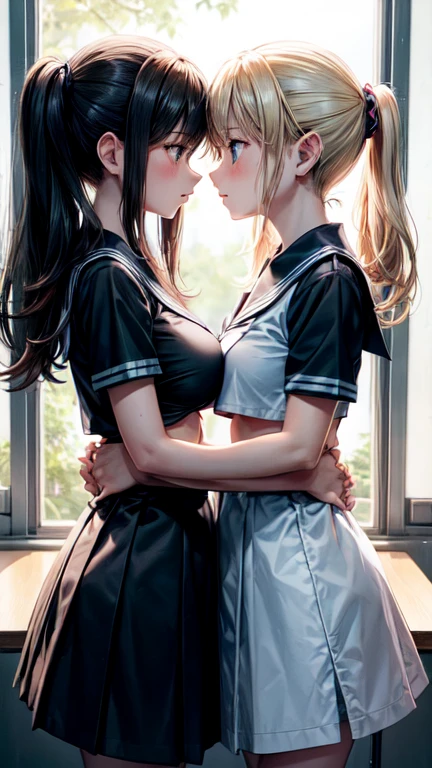 Two teenage girls,angry look,equivalent height,In the classroom,black and blonde hair,Facing each other and staring,hug each other,The two bodies are close to each other,kiss、Picture of two people、Holding hands and facing each other、Photograph of two people facing each other、Push each other、Stick your boobs and boobs together、super big breasts、uniform、high school girl