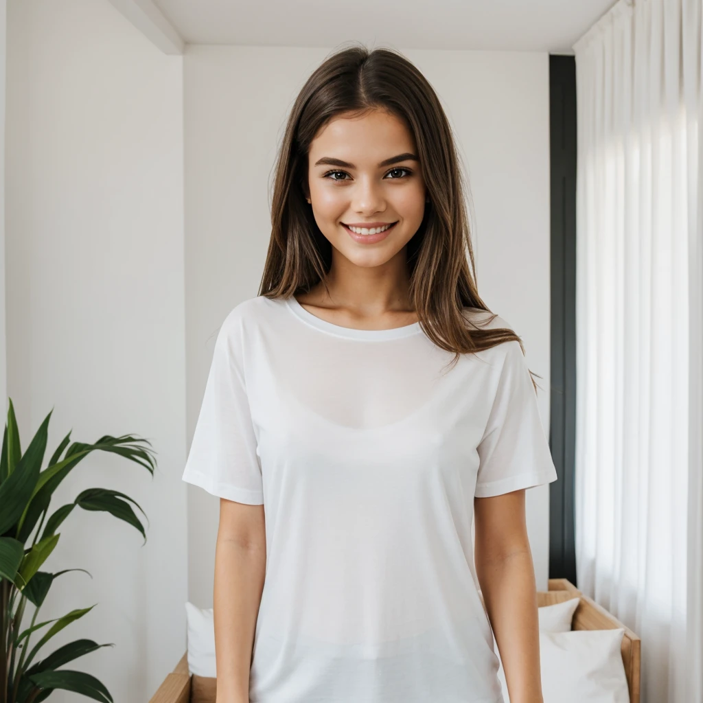 1 girl, wearing white plain t-shirt, model, inside a house, classic salon background interior, soft colors, looking like she's advertising clothing, smiling slightly