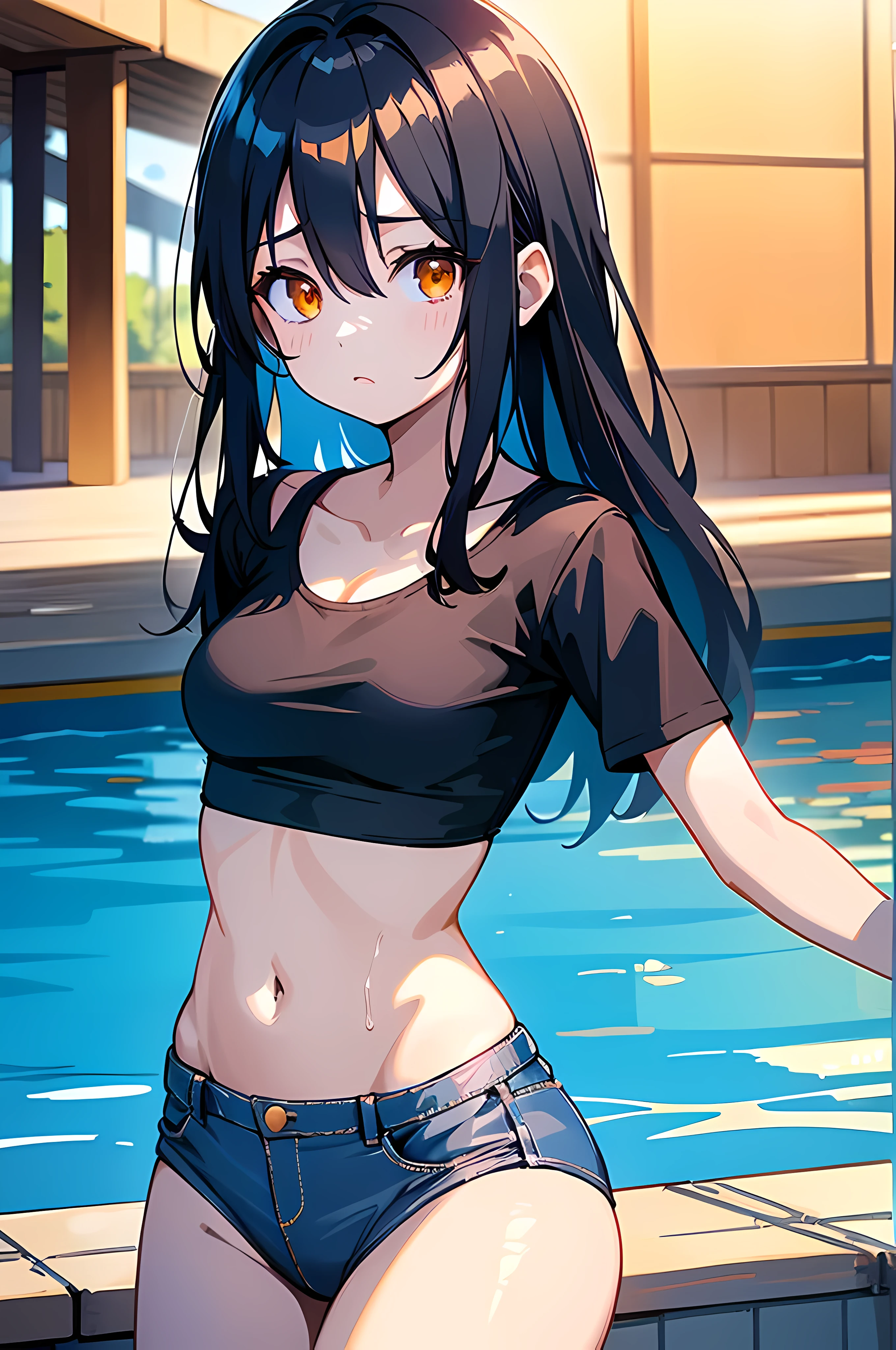 (8K Ultra High-Quality) (Masterpieces) (Image) (人物: Rimuru) 1 Girl 17years old, Long Black hair, Orange eyes colors, wearing short Jean, wearing Black Bikini top, wearing cap, background in swimming pool behide, shying face, red cheek, looking at viewer.