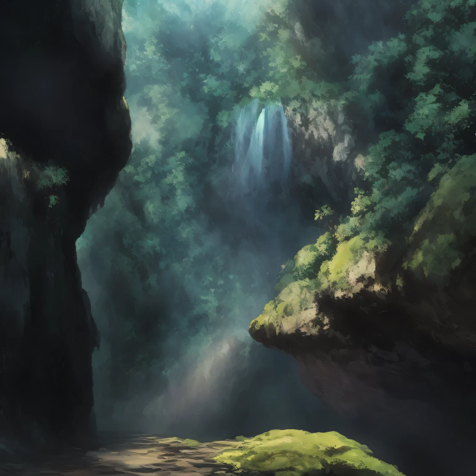 um close de uma cachoeira em um desfiladeiro com uma floresta coberta de musgo, Mysterious canyon streams, Linda e misteriosa, encantador e sobrenatural, solitude under a waterfall, caverna da cachoeira, em uma caverna com a cachoeira, Floresta e Cachoeira, desfiladeiro na montanha, com cachoeiras, ao lado de uma cachoeira, Caverna com Cachoeira, with trees and waterfalls, lush mossy canyon, studio ghibli artstyle
